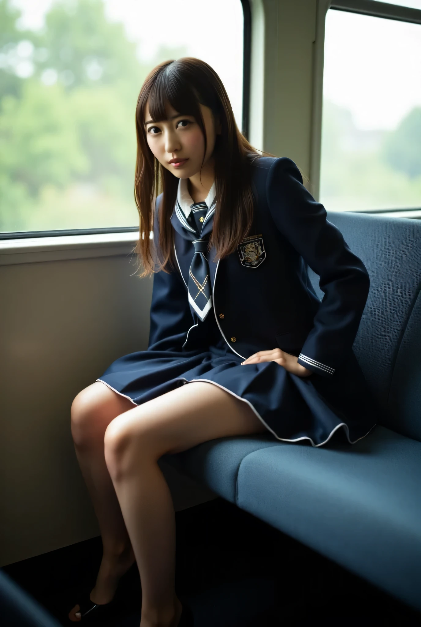 A woman in a high school uniform sits with her legs spread and lifts her skirt , wearing Pantyhose and Lofer, It's live-action, Sitting in train longseat, lots of yellow pee, (peeing blush), embarrassed, peeing ,pee, watching from below,