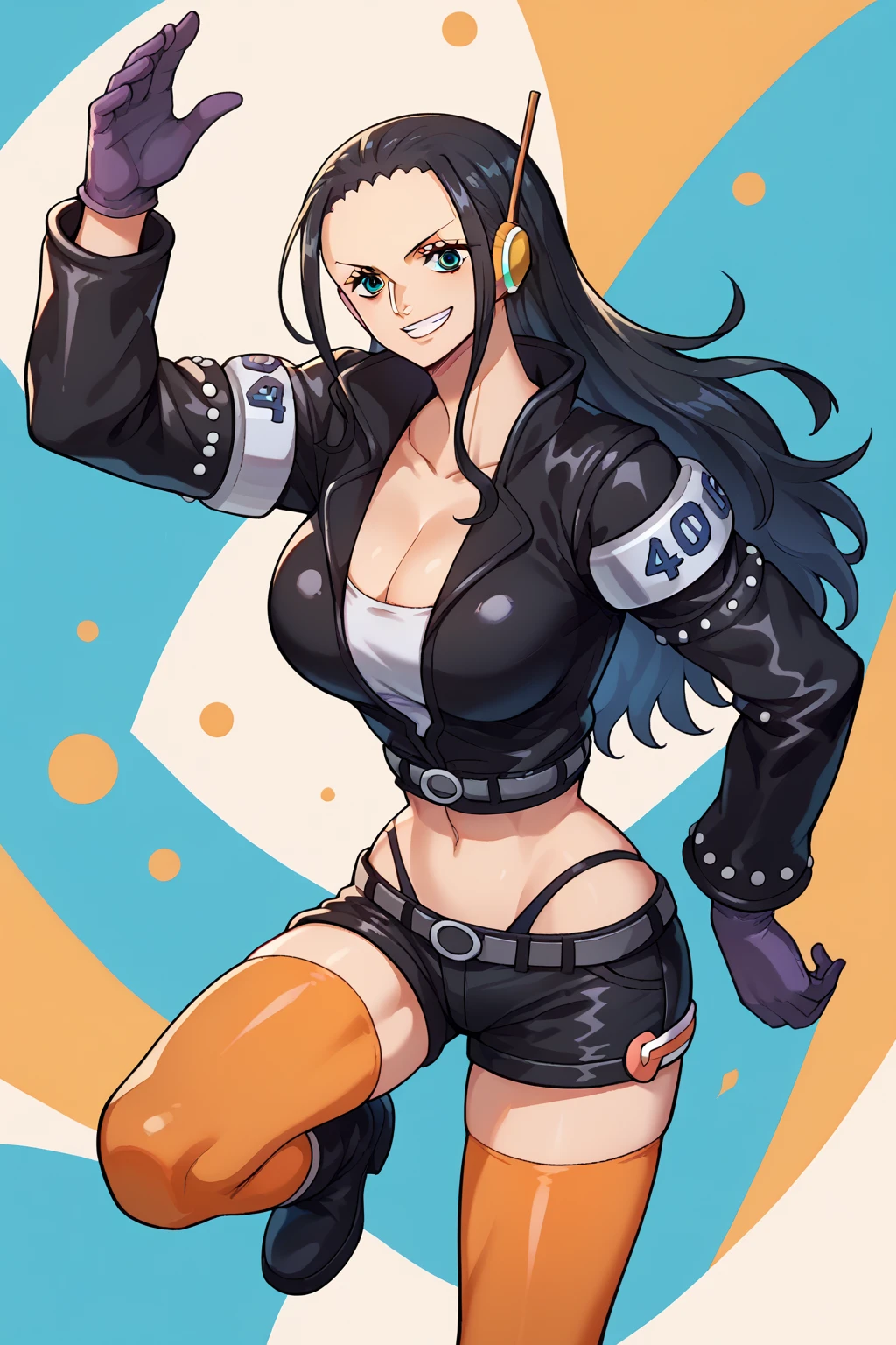 holh1:0.8 perfect full body photo of a beautiful happy woman facing viewer, long hair, breasts, pants, navel, midriff, black pants, crop top, underboob, looking at viewer, (hands in pants pockets:1.3), stomach, large breasts, jewelry, standing, sleeveless, SkinDetail, <lora:crop_shirt_underboob:0.7>