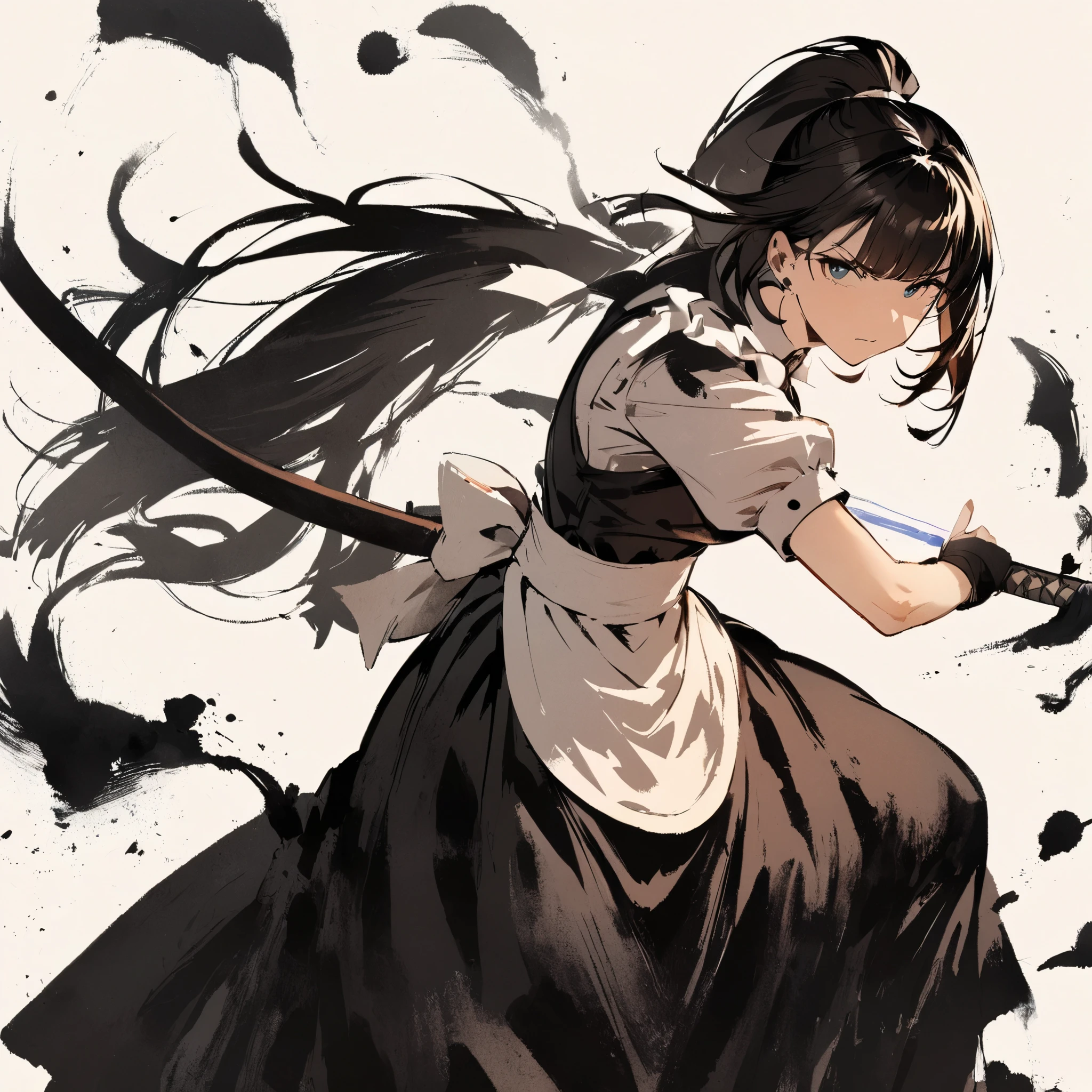  top quality , masterpiece,  high res, Ink painting, Maid,  black hair,  ponytail,  holding a sword ,  screen cracking effect, screen cracking effect 
