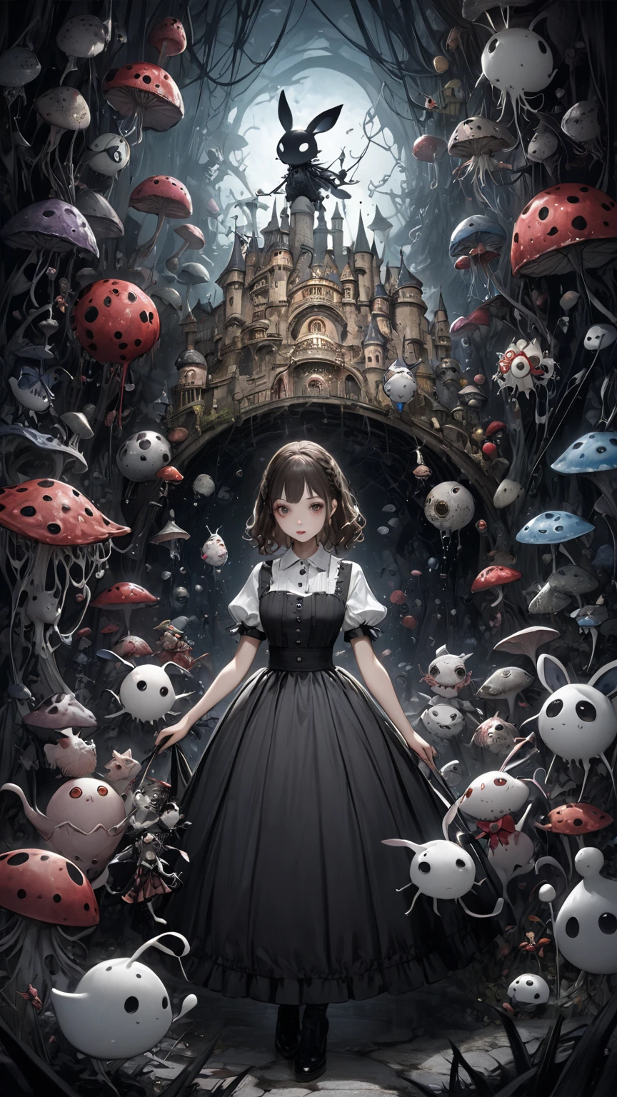  high res, masterpiece, Accurate,  top quality,   high resモデル,   high detail, 解剖学的にAccurate , １Human girls and small creatures、   Norman Rockwell style    、  Tim Burton movie-like atmosphere、 Depicting even the smallest things in detail  、  Wonderland at 18、  fantasy、  darkness、  Trypophobia 、Against the backdrop of a mysterious world、