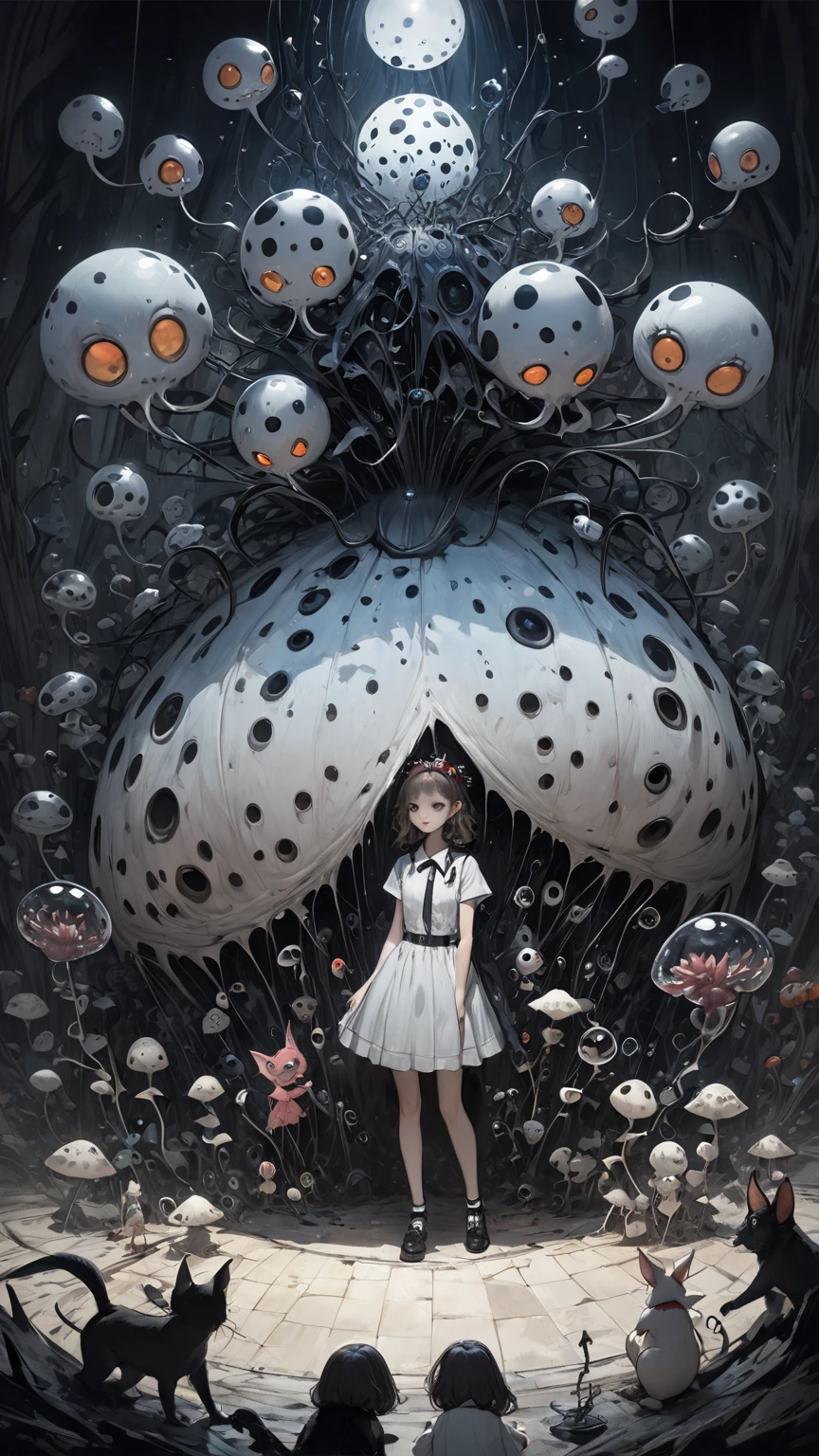  high res, masterpiece, Accurate,  top quality,   high resモデル,   high detail, 解剖学的にAccurate , １Human girls and small creatures、   Norman Rockwell style    、  Tim Burton movie-like atmosphere、 Depicting even the smallest things in detail  、  Wonderland at 18、  fantasy、  darkness、  Trypophobia 、Against the backdrop of a mysterious world、