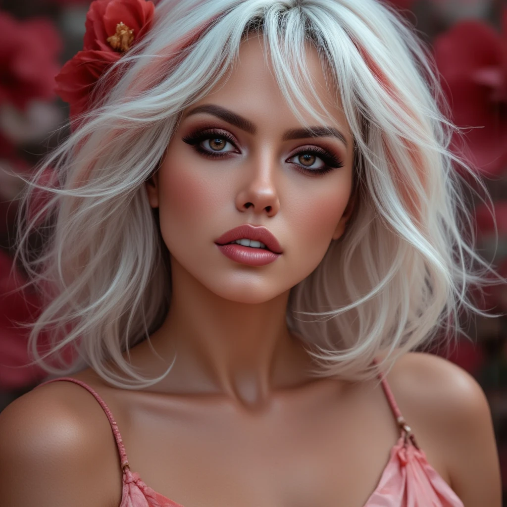  a woman, focusing on her eyes.  tanned, dark eyes,white With red highlights hair,, realistic, 4K, ultra detailed photography, sharp image,Full character. Silk dress with thin straps in beautiful pink. 