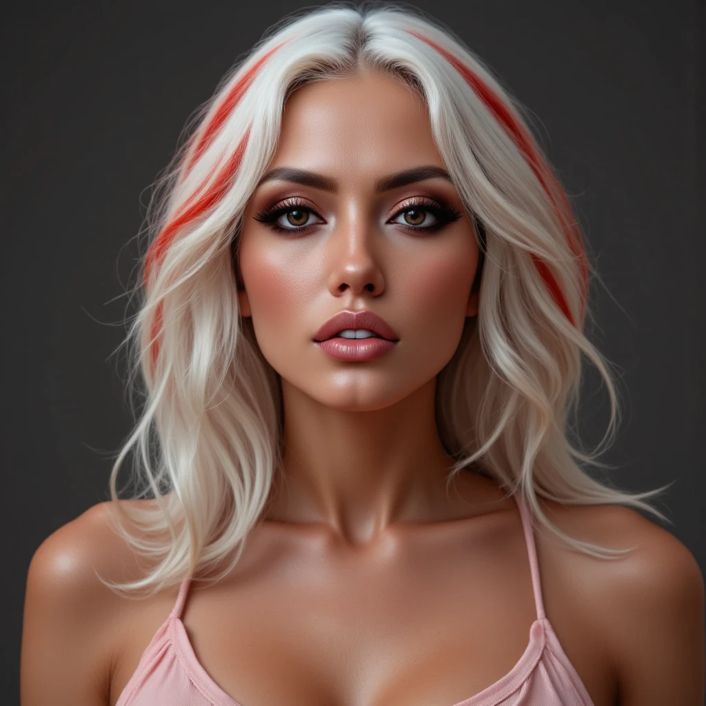  a woman, focusing on her eyes.  tanned, dark eyes,white With red highlights hair,, realistic, 4K, ultra detailed photography, sharp image,Full character. Silk dress with thin straps in beautiful pink. 