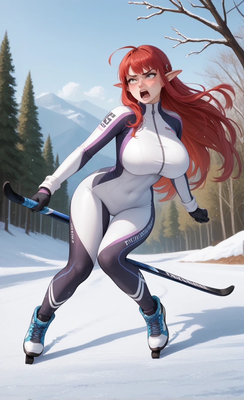 a ultra high quality fully detailed master piece 32k fully body attractive young woman with long brown wavy hair, light skin, pink eyes, a serious face, huge breasts, pink warm spy attire, long snow boots, curvaceous hourglass figure, long legs, thick thighs. This woman wears snow gear. She holds up a pistol in her right hand. Background is a snowy forest in Germany.