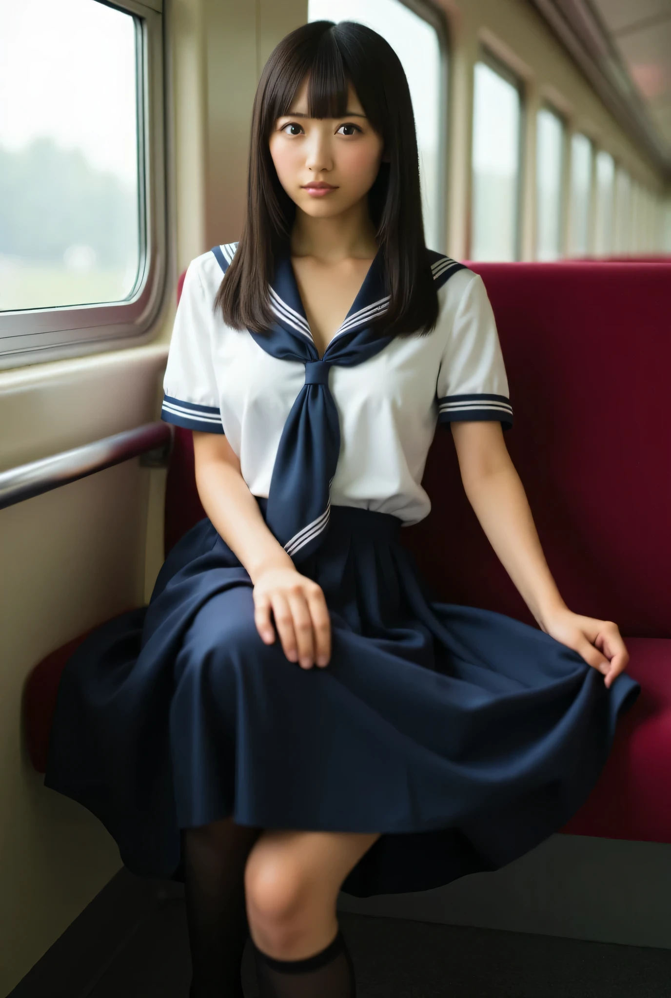 A woman in a high school uniform sits with her legs spread and lifts her skirt , wearing Pantyhose and Lofer, It's live-action, Sitting in train longseat, lots of yellow pee, (peeing blush), embarrassed, peeing ,pee, from below,