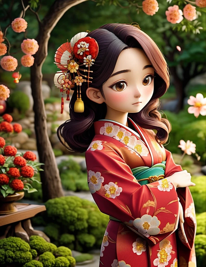 A beautiful woman in her 20s, wearing a stunning red Japanese KIMONO adorned with intricate floral patterns. Her hair is styled elegantly with traditional Japanese hair accessories, including delicate flowers and a golden hairpin. She stands features a tranquil Japanese garden with blooming plum blossoms and soft sunlight filtering through the trees. Her expression is warm and cheerful, embodying the festive and hopeful spirit of the New Year. High detail, vibrant colors, traditional Japanese art, and elegant style.