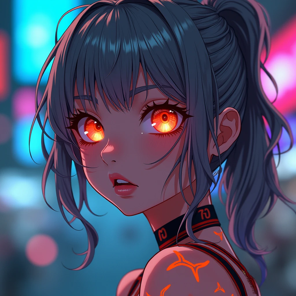dark eye shadow,shining eyes,beautiful young fitness woman with , in a gym wearing May with black pantyhose, tight white and purple gym jacket. standing alone,hair horns,glowing purple eyes,Evil smile,legging preto ,labiaa,dark eye shadow,shining eyes
