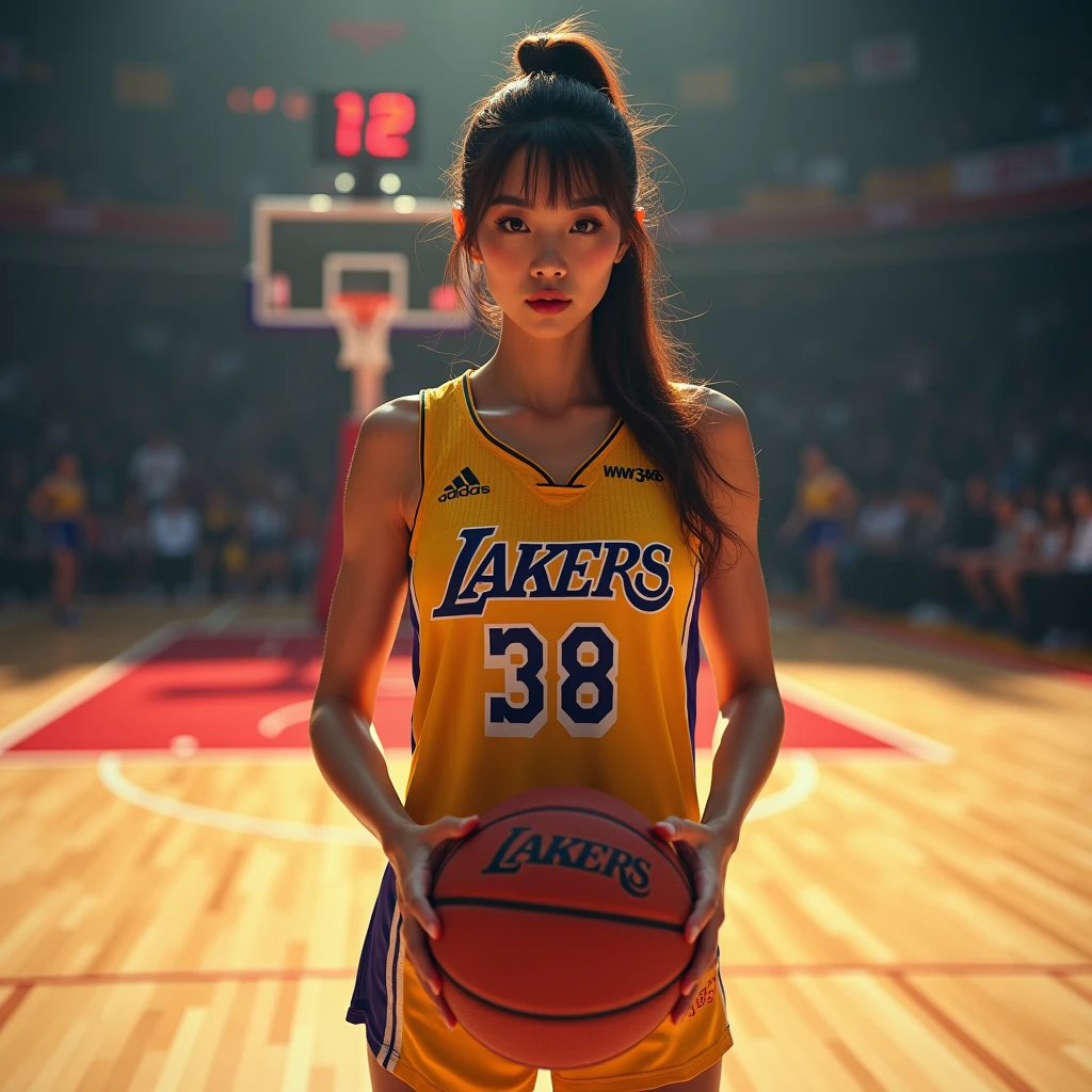 (Ball in the basketball ring), Hold up the ball with both hands, Brooke Lee Adams, Incredible jump, floating down from the basketball court, best quality, (masterpiece), hyper detailed, ultra high res, photorealistic, raw photo, absolutely resolution, ((aerial view)), hand focus, looking up at basketball ring,