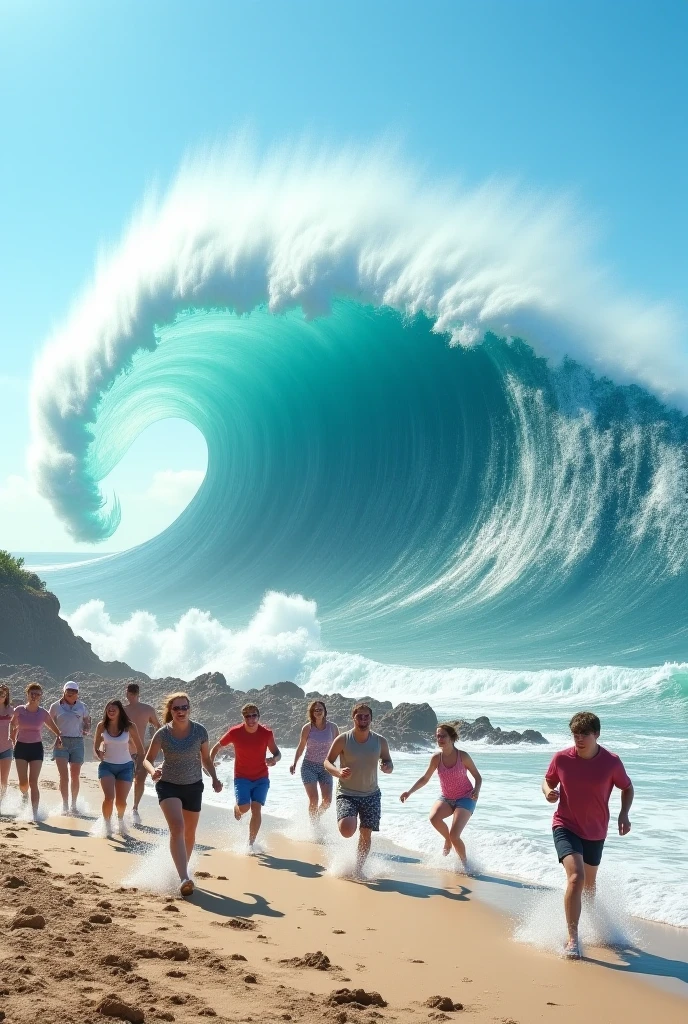 a fat family (mother, dad, eldest daughter, middle son and youngest son) falling down a wave on the beach 