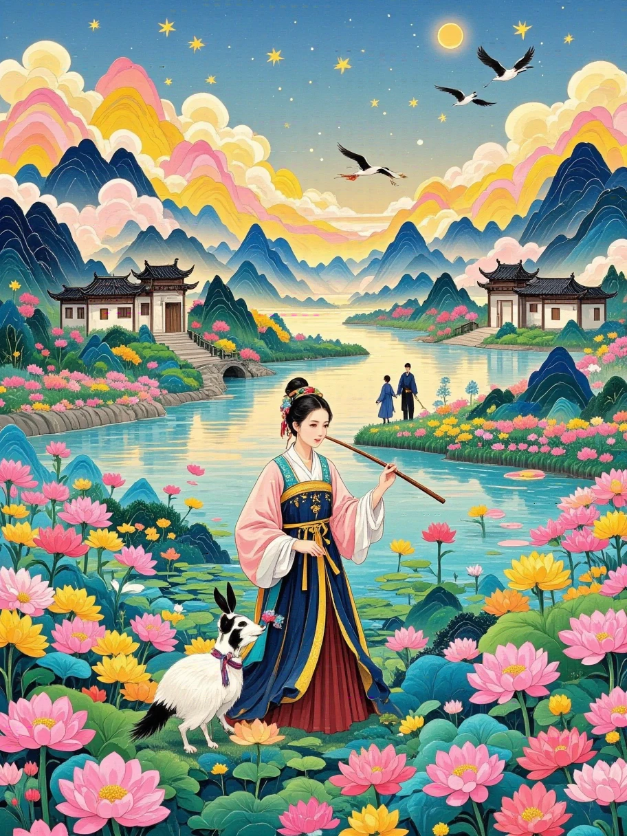 (vibrant with colors), (Semi-realistic), Vibrant riverside scenery in ancient China, (Tranquil river water)Show on the(Elegant arch bridge)oblivion, (Local villagers)'s, (Picturesque residence), (Depictions of the Ming Dynasty: 1.1), Jiangnan Ancient Town, Small bridges and flowing water, Quiet farmland outside the bustling city, (Sunny morning:1.2), (fine brushwork:1.1), Dynamic depiction, Panorama of the water' s edge, authentic atmosphere, Vivid authenticity, mesmerizing charm, rich pictures, 8K resolution, 1.4x realism, art-deco, projected inset, Sony FE GM, Wide-angle, Super detail, Best quality, A high resolution