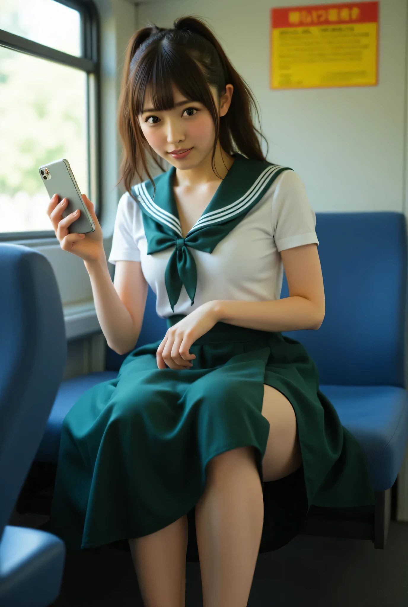A woman in a high school uniform sits with her legs spread and lifts her skirt , Ponytail hair style, wearing Pantyhose and Lofer, It's live-action, Sitting in train longseat, lots of yellow pee, (peeing blush), peeing in a train,