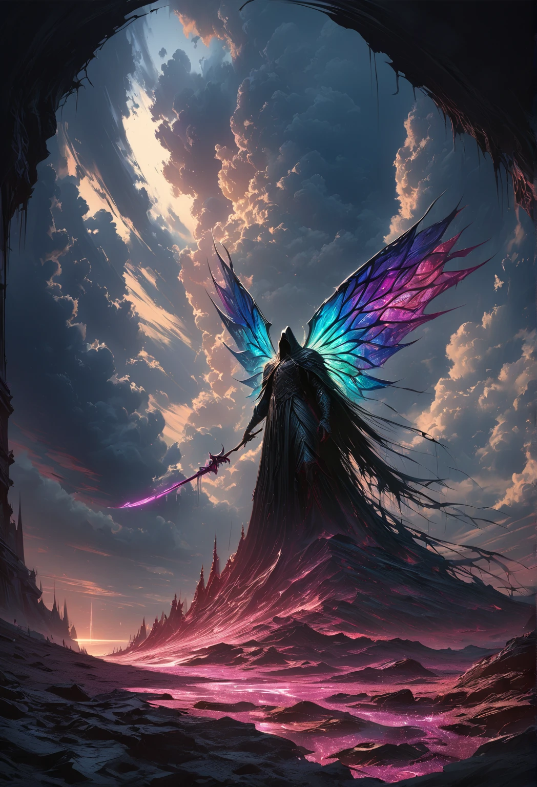 (masterpiece,  best quality: 1.2), Hell Devil, colorful giant crystal wings,moonlight, Ominous clouds,  dark fantasy illustration style , Dark Arts,   high contrast with a window ,  Dark Shadows ,  atmospheric perspective , Melancholic colors,  movie composition , Volumetric Lighting, number,  Brush Strokes ,   dramatic lighting  ,  low angle,  Surrealism ,   super detailed ,  hyperrealism 