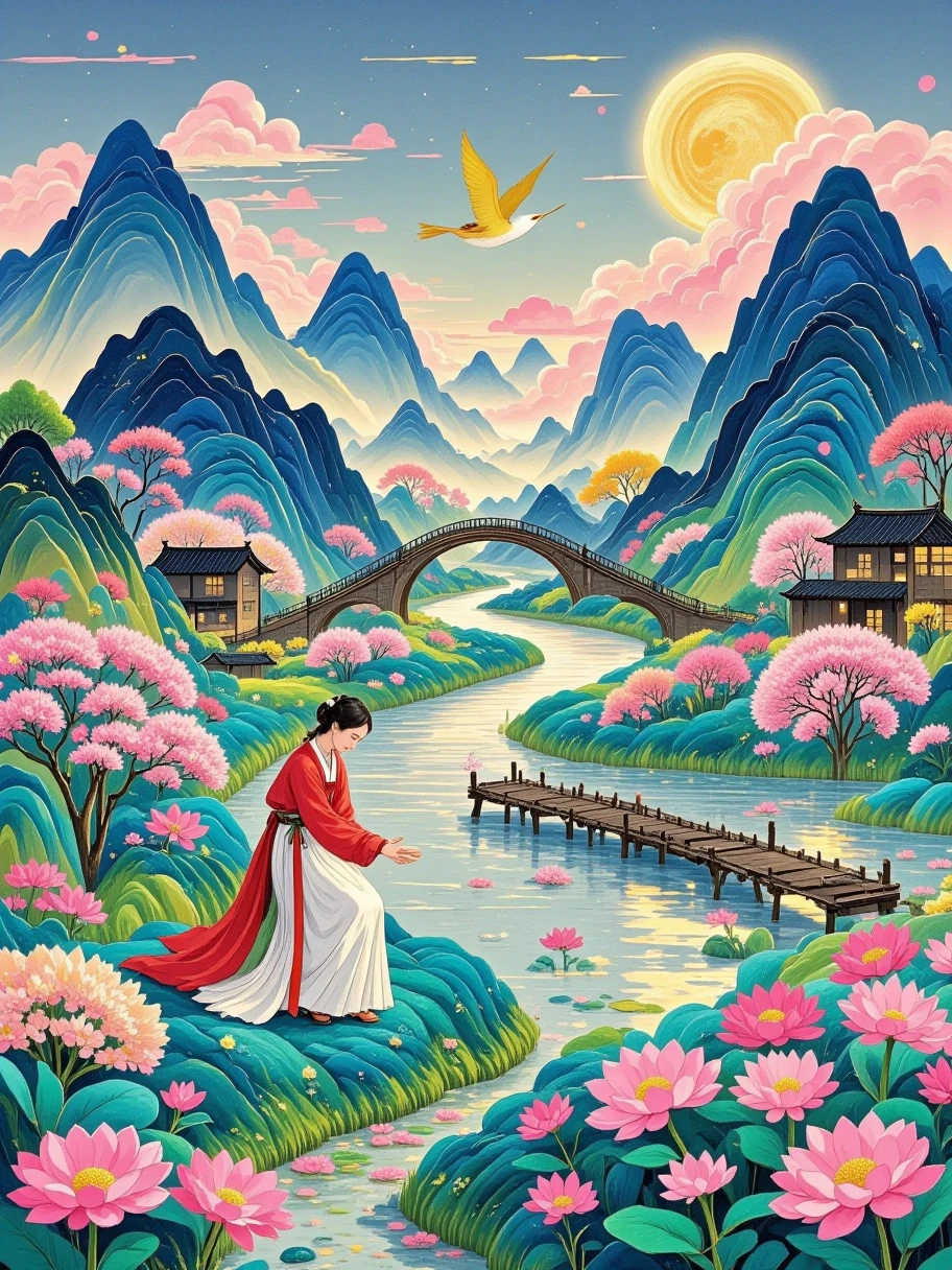 (vibrant with colors), (Semi-realistic), Vibrant riverside scenery in ancient China, (Tranquil river water)Show on the(Elegant arch bridge)oblivion, (Local villagers)'s, (Picturesque residence), (Depictions of the Ming Dynasty: 1.1), Jiangnan Ancient Town, Small bridges and flowing water, Quiet farmland outside the bustling city, (Sunny morning:1.2), (fine brushwork:1.1), Dynamic depiction, Panorama of the water' s edge, authentic atmosphere, Vivid authenticity, mesmerizing charm, rich pictures, 8K resolution, 1.4x realism, art-deco, projected inset, Sony FE GM, Wide-angle, Super detail, Best quality, A high resolution