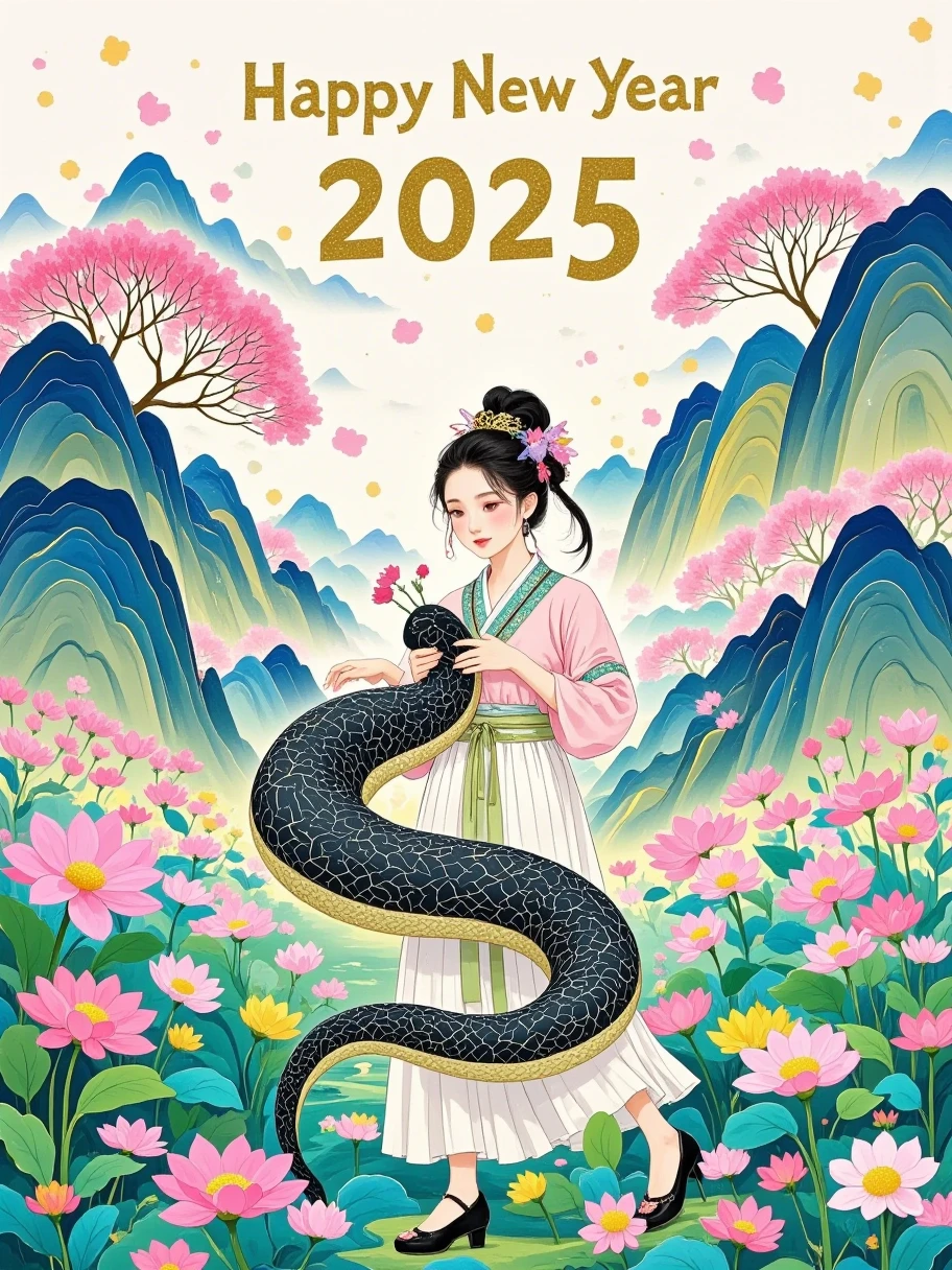  A cute snake， simple graphic illustration style ， with colorful flowers and lanterns all around。 with “Happy New Year” written on the top of the screen ， with “2025” written below 。 background is white ，There are also Chinese elements 。 This is a minimalist composition 。
