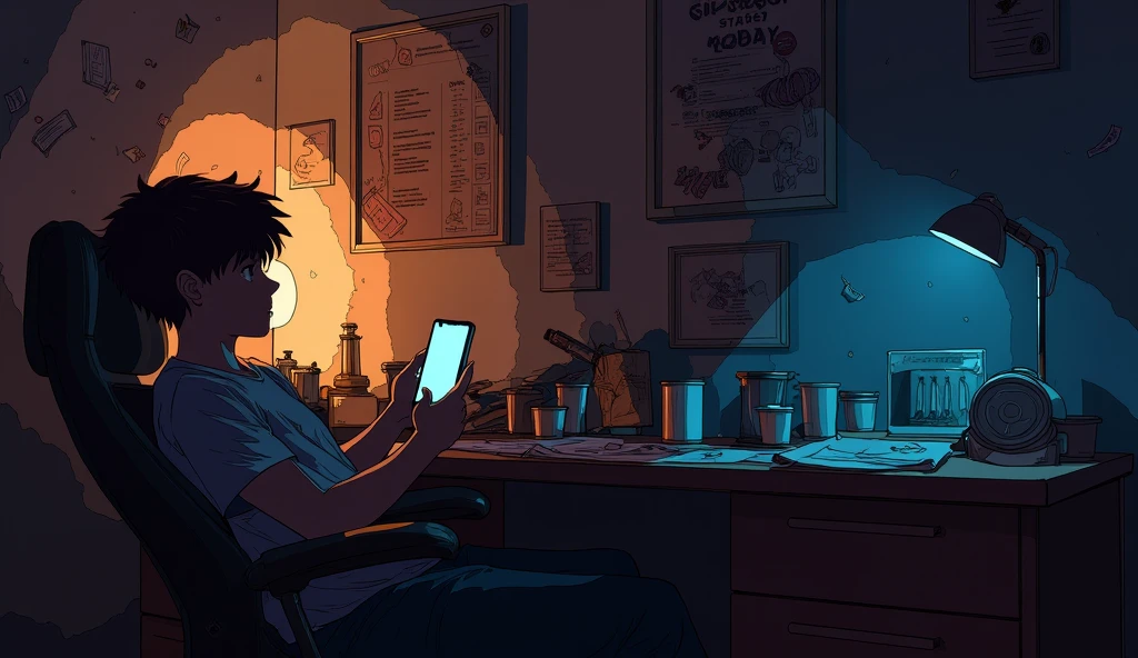 An intimate view of a cluttered bedroom during the late evening, lit by a faint warm desk lamp casting soft shadows across the room. The protagonist, a young adult male, sits slouched on a swivel chair in front of a desk, scrolling mindlessly on his glowing smartphone. His face reflects apathy, with tired eyes and slight dark circles, illuminated by the bluish light of the screen. The desk is covered in papers, empty coffee cups, and an untouched to-do list. A motivational poster on the wall behind him reads 'Success Starts Today,' crooked and slightly peeling. The camera angle is slightly above eye level, capturing the protagonist’s lazy posture and the cluttered surroundings. Dust particles float visibly in the light, enhancing the atmosphere.anime style