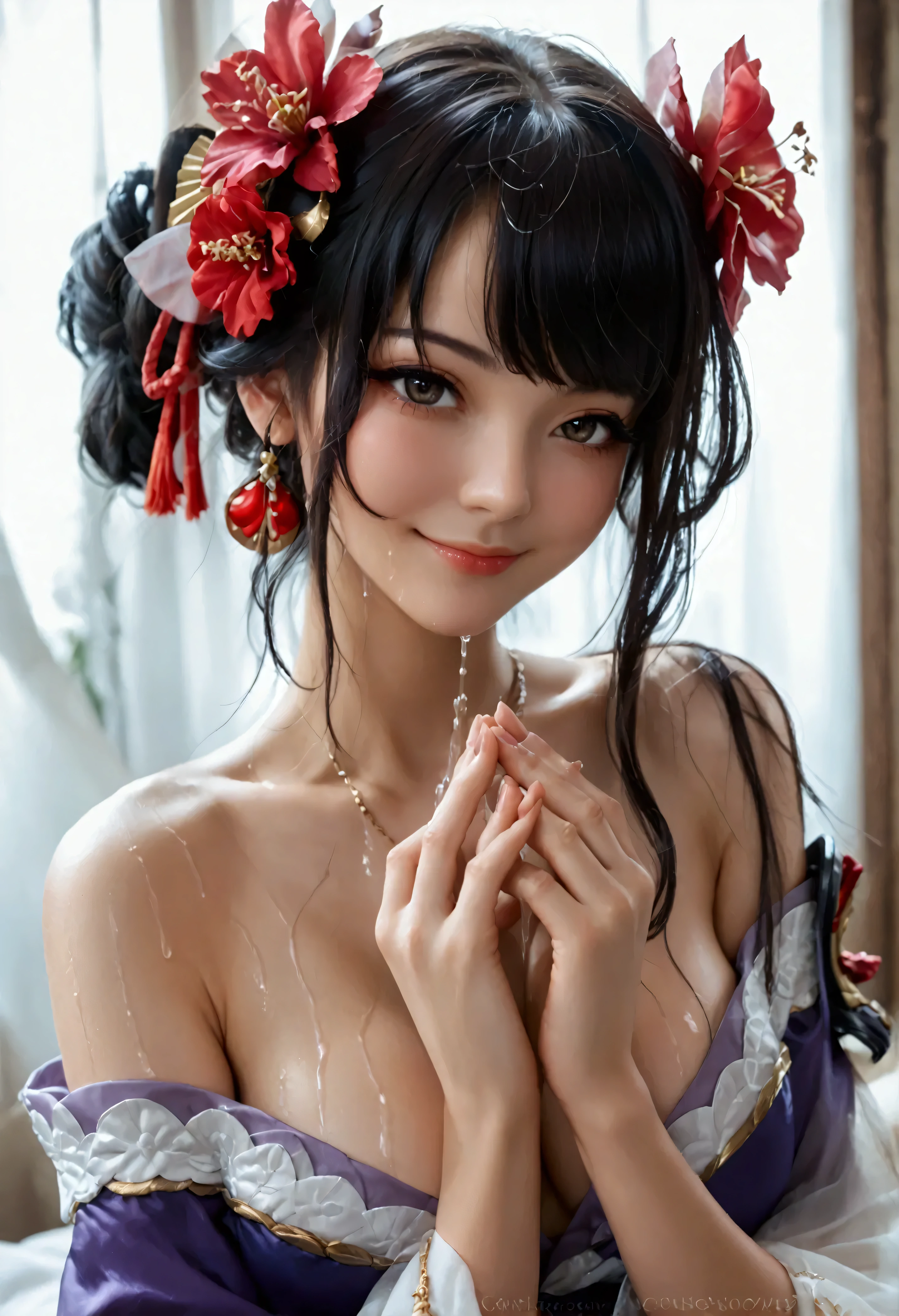 score_9,score_8_up,score_7_up,1girl,raiden_shogun_ckxl,solo,heart_hands,smile,black_hair,long_hair,streaked_hair,two-tone_hair,sidelocks,hair_ornament,absurdres,highres,;\),blunt_bangs,bridal_gauntlets,commentary,long_sleeves,looking_at_viewer,low_ponytail,mitsudomoe_\(shape\),obiage,one_eye_closed,,short_kimono,shoulder_armor, squirting milk boobs, squirting orgsam,wide_sleeves, , ((masterpiece)), (best quality), (highres), 16K, perfect face, bikini, large breasts and a beautiful ass, legs, hips, detailed whole body, busty body, sweaty skin, censored, long neck, long torso,bad hands, ugly, text, english text,watermark, artist name, signature,