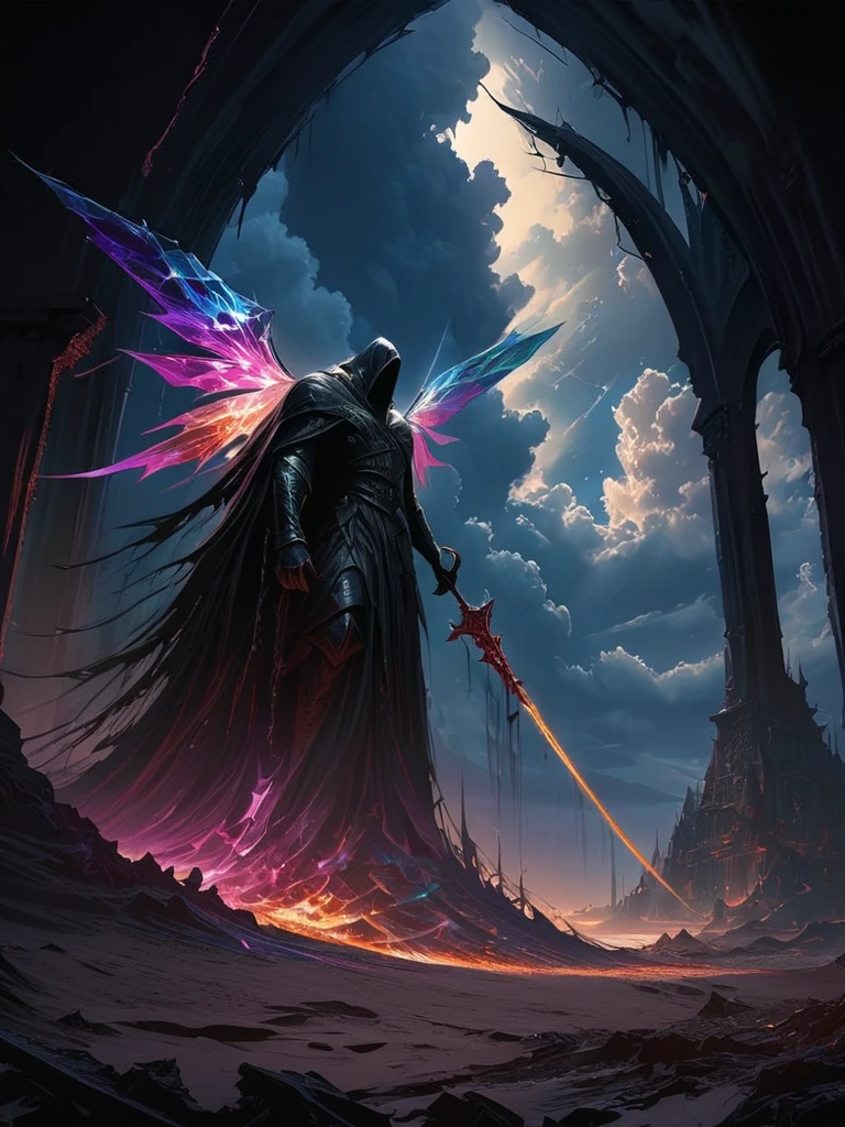 (masterpiece,  best quality: 1.2), Hell Devil, colorful giant crystal wings,moonlight, remains，end，war，Ominous clouds, Dark fantasy illustration style , Dark Arts,   high contrast with window ,  Dark Shadows ,  atmospheric perspective , Melancholic colors,  movie composition , Volumetric Lighting, number,  Brush Strokes ,   dramatic lighting  ,  low angle,  Surrealism ,   super detailed ,  hyperrealism 