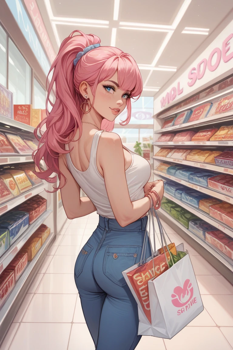 Girl with one shopping bag in hand pink hair leaving store at mall