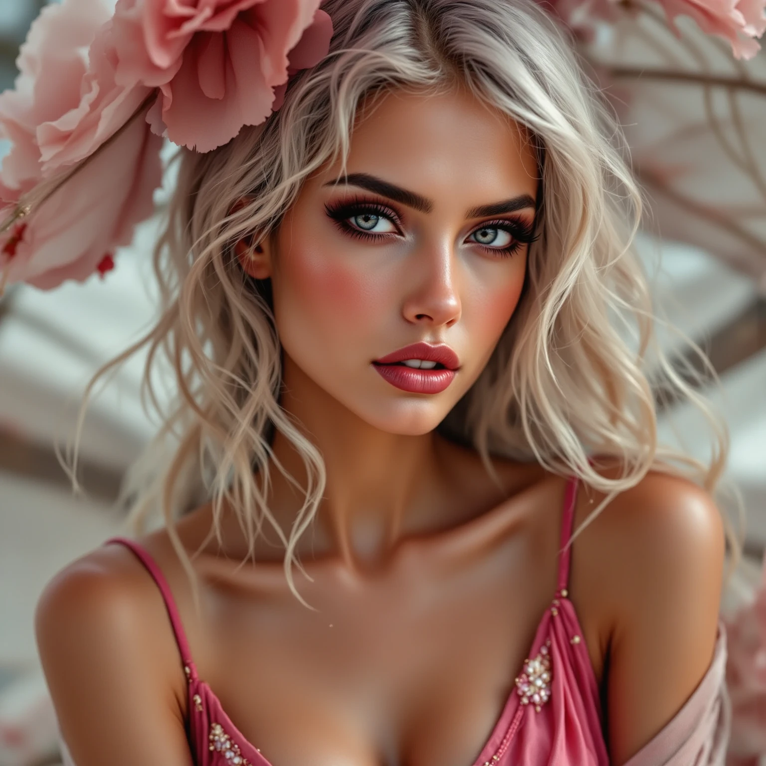 Beautiful woman, focusing on her eyes.  tanned, dark eyes,white With red highlights hair,, realistic, 4K, ultra detailed photography, sharp image,Full character. Silk dress with thin straps in beautiful pink. 