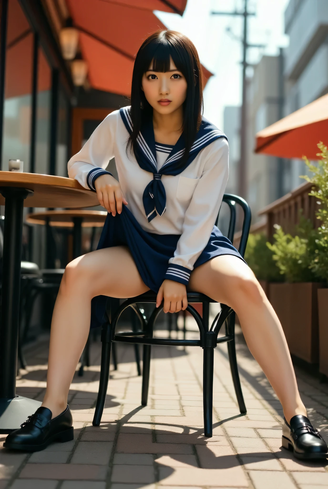 A woman in a high school uniform sits with her legs spread and lifts her skirt , wearing Lofer, It's live-action, in cafe terrace, peeing