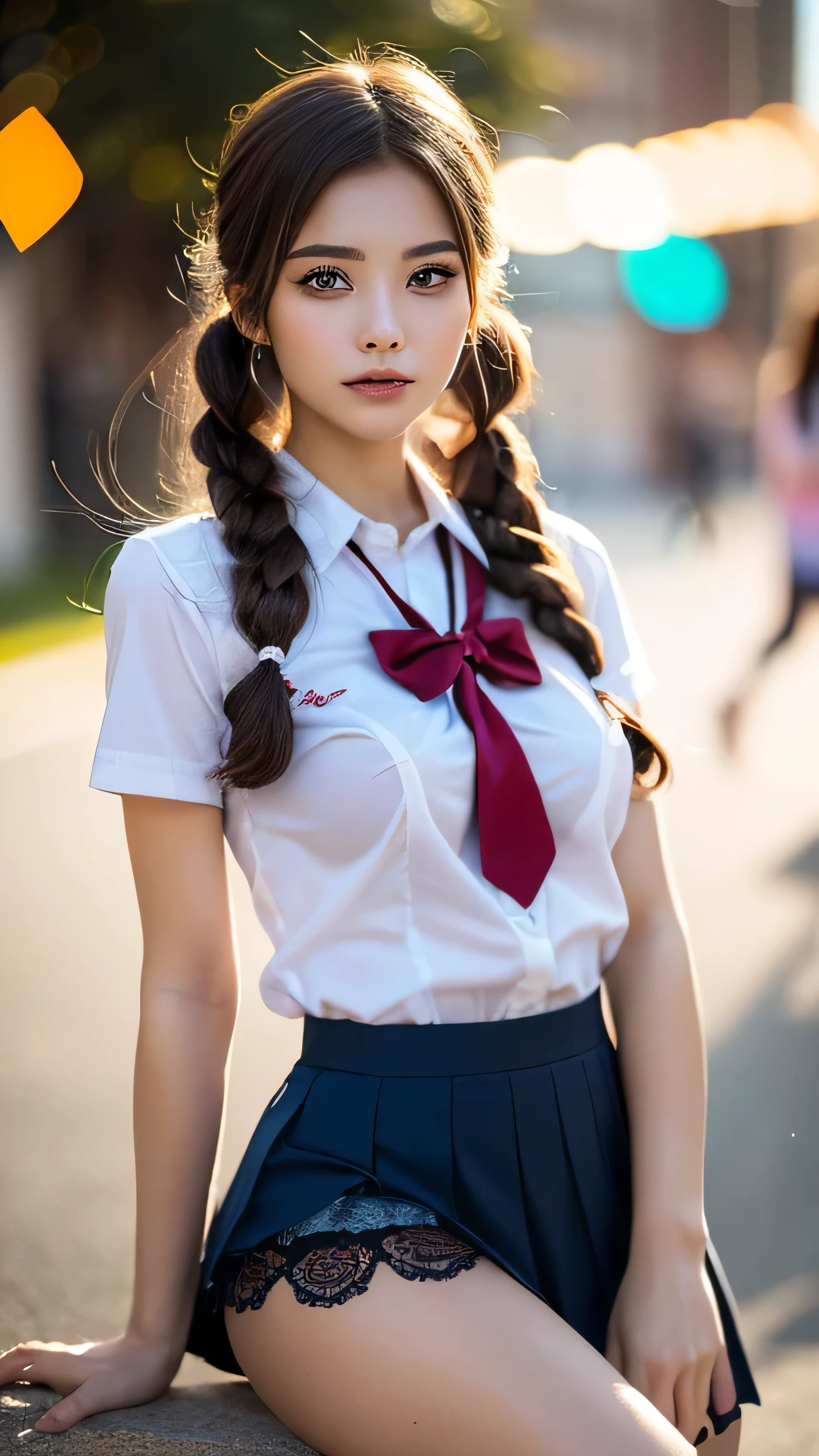 ulzzang-6500-v1.1, (raw photo:1.2), (photorealistic:1.4), beautiful detailed girl, very detailed eyes and face, beautiful detailed eyes, ridiculous, incredibly ridiculous, huge file size, super detailed, high resolution, very detailed, best quality, masterpiece, kemomimi, ((Japanese girls' high school uniform)), illustration, very detailed, CG, unified, 8k wallpaper, amazing, Fine details, masterpiece, best quality, very detailed CG uniform 8k wallpaper, light on face, cinematic lighting, 1girl, 16 years old, ((no panties)), ((dynamic pose))), (camel toe), (half), (pantyhose),(open leg sitting))