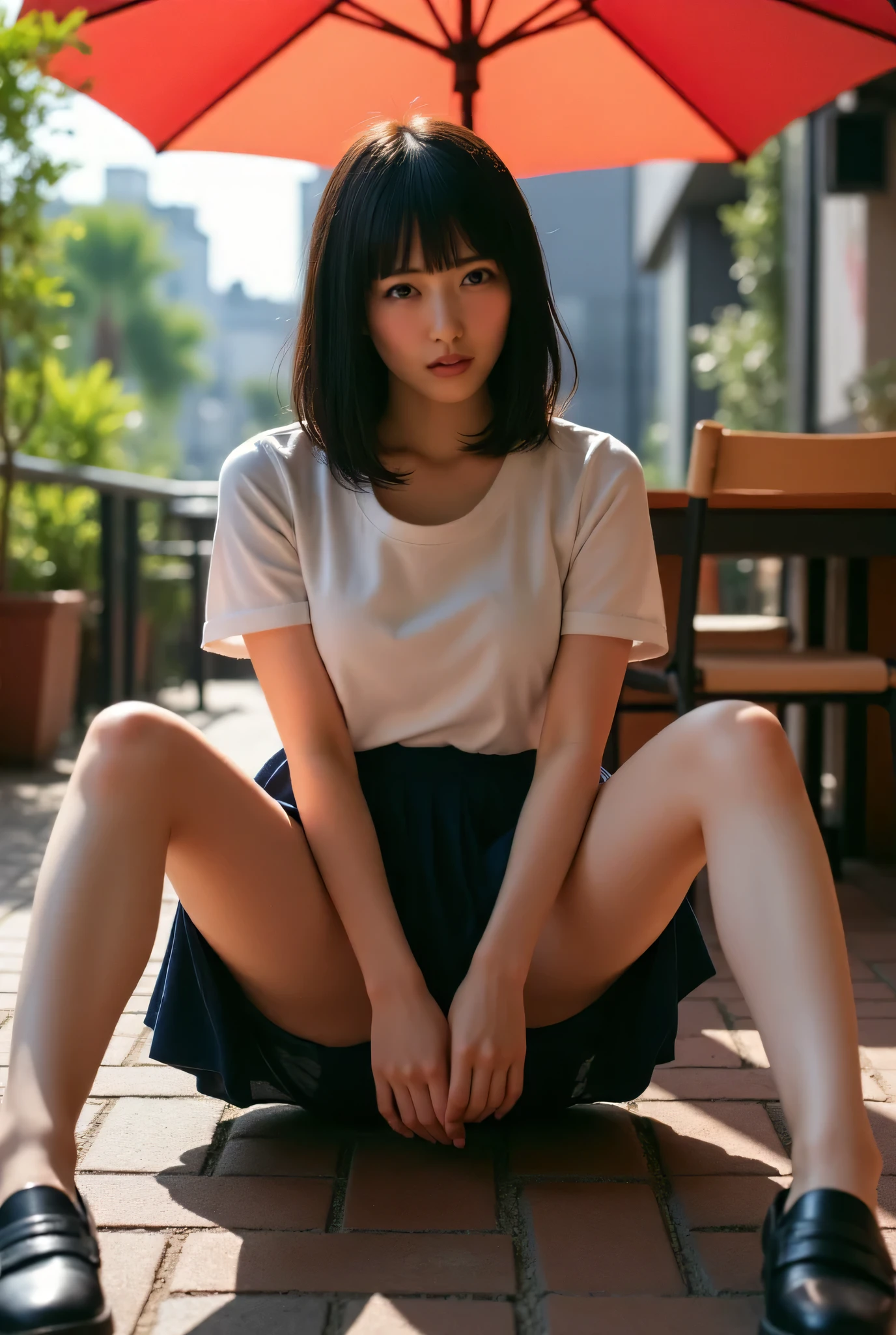 (masterpiece, 最high quality:1.2), One girl,Japanese、Sit facing forward、masterpiece, Best image quality, high quality,(Super detailed), (wallpaper), (Detailed face), （full body:1.2), super slender, Small breasts、Beautiful woman、Well-formed face、Symmetrical face、Symmetrical eyes、Well-formed eyes、Biologically correct human、Beautiful woman,、Training wear、Fitness Gym、Knee Up、White sneakers、Turning the crotch