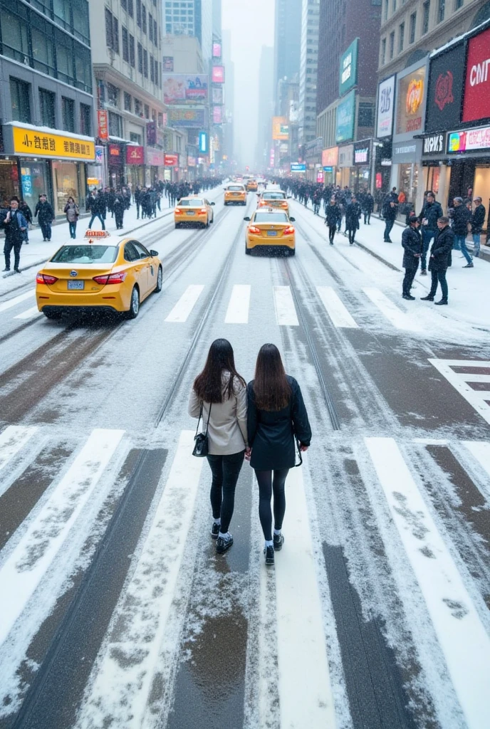 High-angle,solo 2 beautiful girls perfect bodies full shot of a snowy city street intersection.  Heavy snowfall blankets the road and sidewalks, with various tracks and patches of packed snow.  Pedestrians, dressed in winter coats and various outerwear, walk carefully across the snowy crosswalks.  Yellow taxis navigate the snowy streets.  Modern city buildings, with visible store fronts and signage, are visible in the background from the high angle perspective. The light is diffused and muted, reflecting the overcast weather conditions.  The color palette is predominantly muted grays, whites, and browns, with hints of yellow and red from the taxi cabs and pedestrian attire.  The overall mood is calm, yet the snowy blizzard creates a sense of hushed activity amidst the urban environment.  Urban realism.  Winter cityscape.  Snowy intersection.  Detailed snow patterns and texture.  Elevated view.  Pedestrians walking carefully.  Traffic on the snowy street.