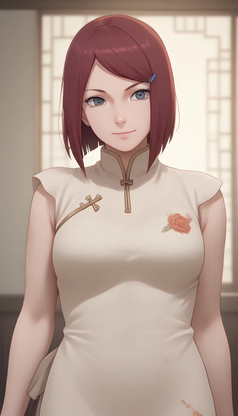 Kushina Uzumaki [うずまきクシナ] | Naruto Shippuden beautiful anime girl, detailed portrait, masterpiece, ultra-detailed, 8k, 16k, high resolution, photorealistic, vivid colors, warm lighting, soft smile, elegant (((((chinese dress,))))) short bob hairstyle