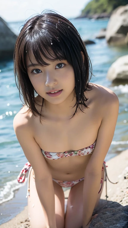 (8K, RAW Photos, Highest quality, masterpiece: 1.4), (Realistic, photoRealistic: 1.4), Super detailed, Ultra-high resolution, One Girl, Beholder, Beautifully detailed face, smile, (Slim waist: 1.0), Beautifully detailed skin, Skin Texture, Floating Hair, Professional Lighting, Middle Chest, Kind eyes,(small wet breasts:1.7), (beautiful wet nipples:1.6),(undressing:1.9), (:1.0), (law panty:1.5), (sleeveless wet blouse:1.1),(Feather Cut:1.0), (petite:1.0),(upper body:1.0)