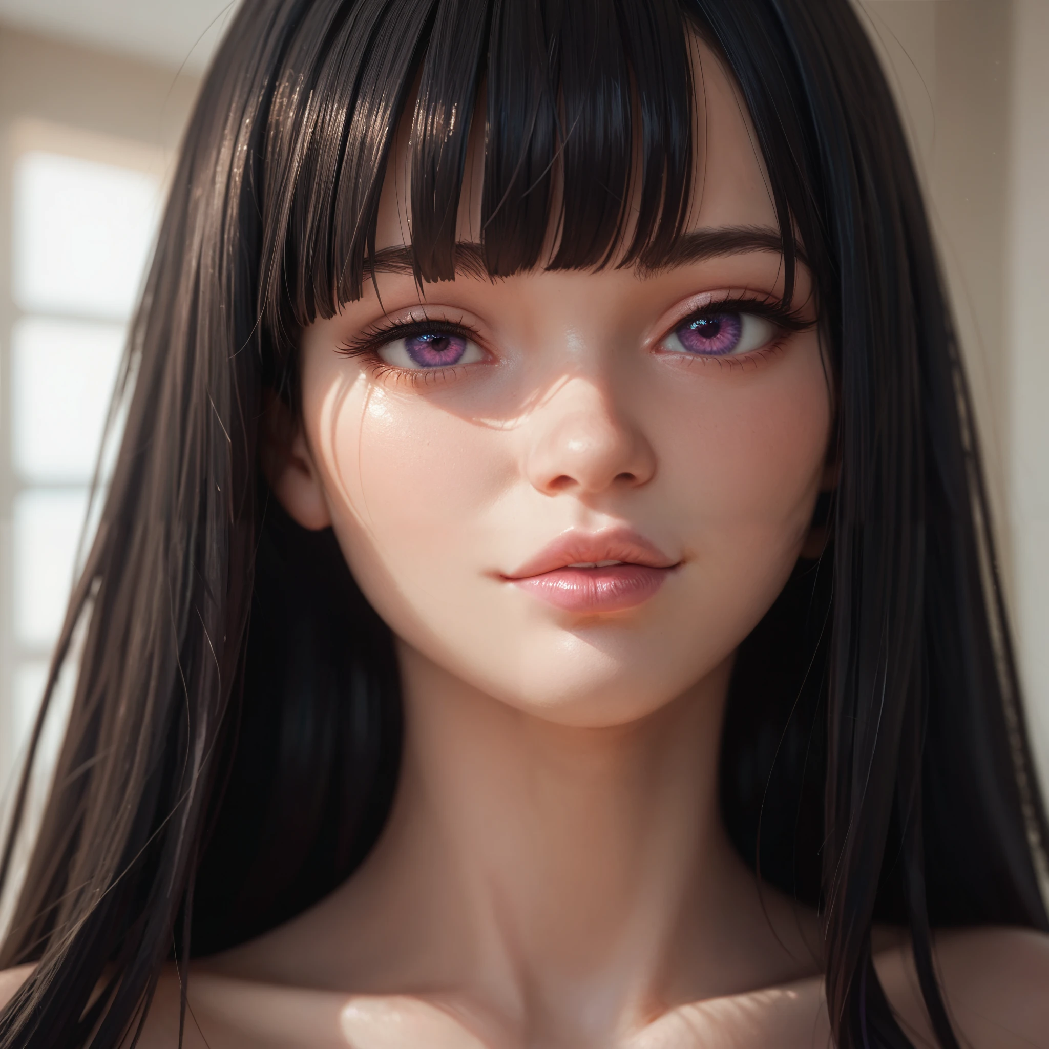 female, curvy, thick, sexy, lovely, long silky black hair, front bangs, bangs pushed to each side, purple eyes, pale pink skin, dull red lip stick, pleased, naked, head shot, head, close up, 