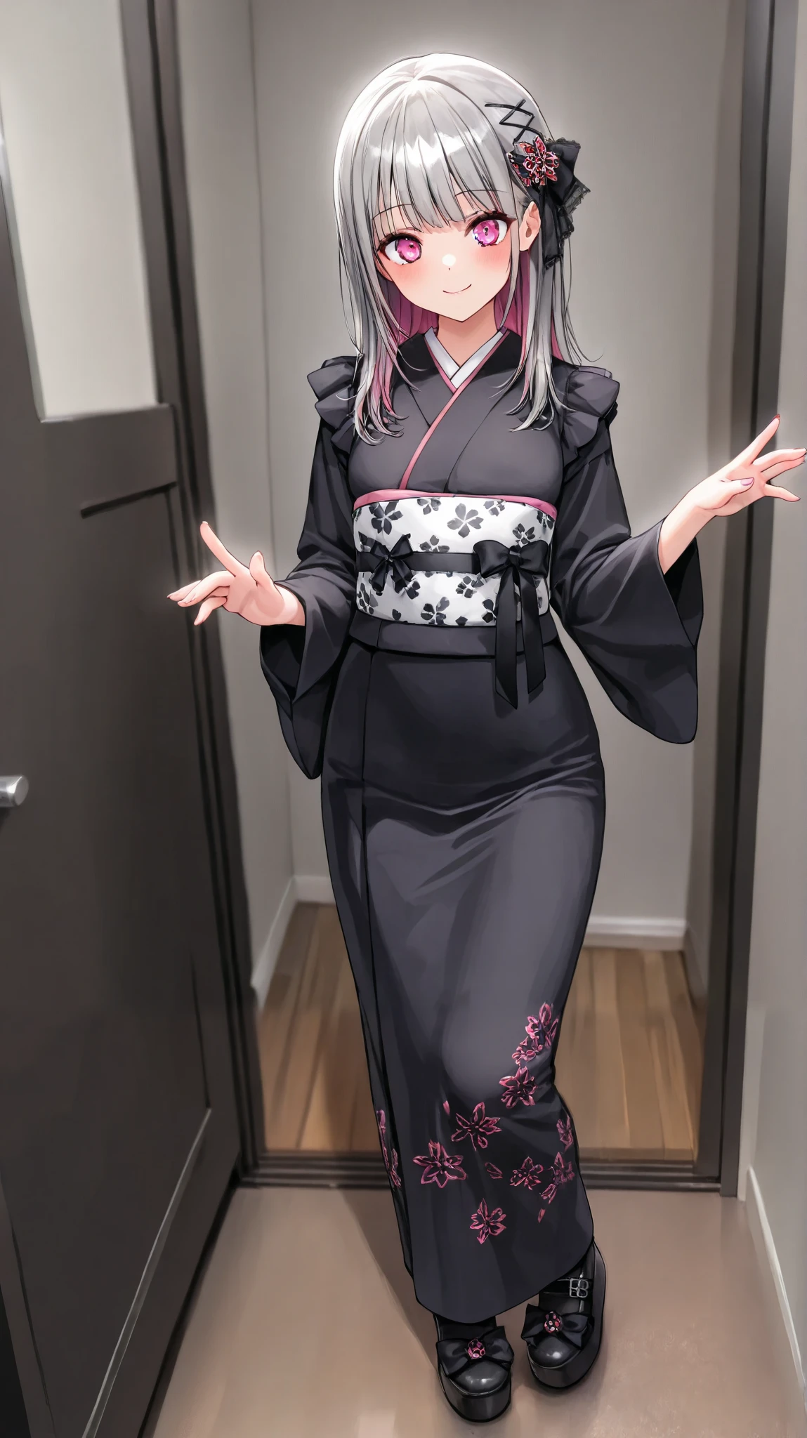  1 girl{jirai kei,{( hair accessories,multicolored hair, gray hair,Magenta,Shiny hair, light through)},(Eye color multicolor,Magenta:blue), slender,(Black kimono,white and cherry blossom petal pattern,Long-sleeved kimono),　In my room,{ Daytime,In front of the entrance door}, sticks out but,　 frontal angle , Full Body Long Shot ,smile,blush,Seduce, beautiful hands,Five fingers