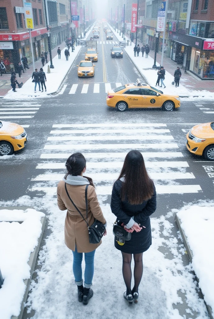 High-angle,solo 2 beautiful portraits girls perfect bodies full shot of a snowy city street intersection.  Heavy snowfall blankets the road and sidewalks, with various tracks and patches of packed snow.  Pedestrians, dressed in winter coats and various outerwear, walk carefully across the snowy crosswalks.  Yellow taxis navigate the snowy streets.  Modern city buildings, with visible store fronts and signage, are visible in the background from the high angle perspective. The light is diffused and muted, reflecting the overcast weather conditions.  The color palette is predominantly muted grays, whites, and browns, with hints of yellow and red from the taxi cabs and pedestrian attire.  The overall mood is calm, yet the snowy blizzard creates a sense of hushed activity amidst the urban environment.  Urban realism.  Winter cityscape.  Snowy intersection.  Detailed snow patterns and texture.  Elevated view.  Pedestrians walking carefully.  Traffic on the snowy street.