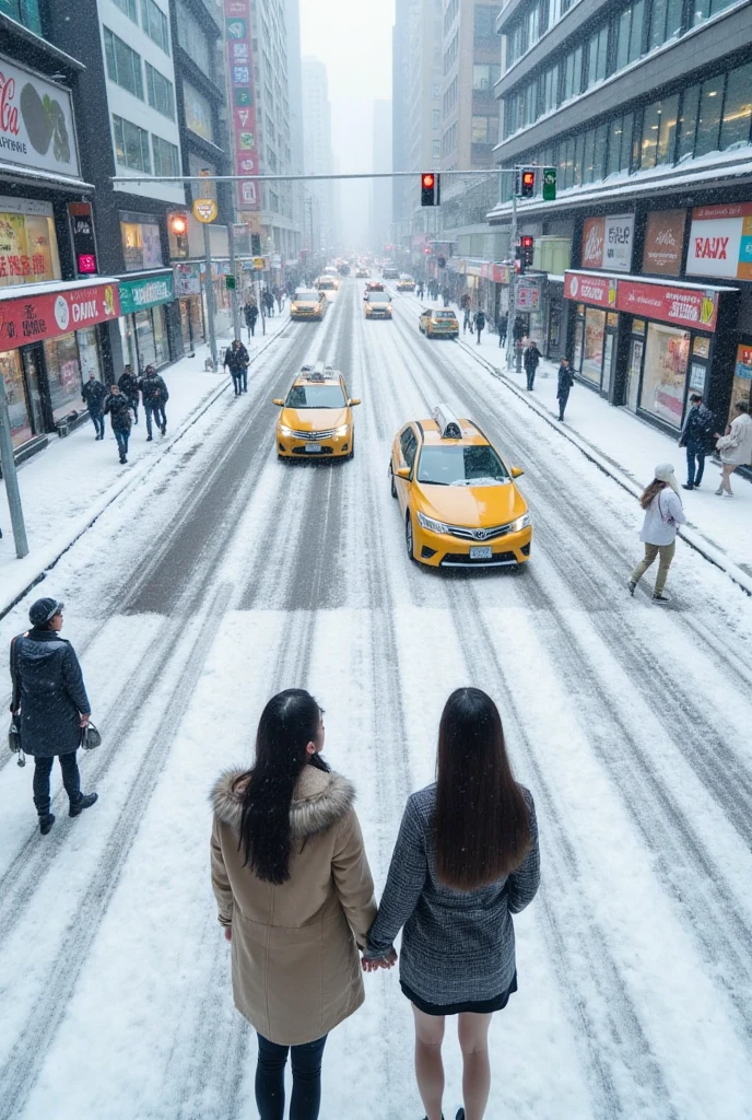 High-angle,solo 2 beautiful portraits girls perfect bodies full shot of a snowy city street intersection.  Heavy snowfall blankets the road and sidewalks, with various tracks and patches of packed snow.  Pedestrians, dressed in winter coats and various outerwear, walk carefully across the snowy crosswalks.  Yellow taxis navigate the snowy streets.  Modern city buildings, with visible store fronts and signage, are visible in the background from the high angle perspective. The light is diffused and muted, reflecting the overcast weather conditions.  The color palette is predominantly muted grays, whites, and browns, with hints of yellow and red from the taxi cabs and pedestrian attire.  The overall mood is calm, yet the snowy blizzard creates a sense of hushed activity amidst the urban environment.  Urban realism.  Winter cityscape.  Snowy intersection.  Detailed snow patterns and texture.  Elevated view.  Pedestrians walking carefully.  Traffic on the snowy street.