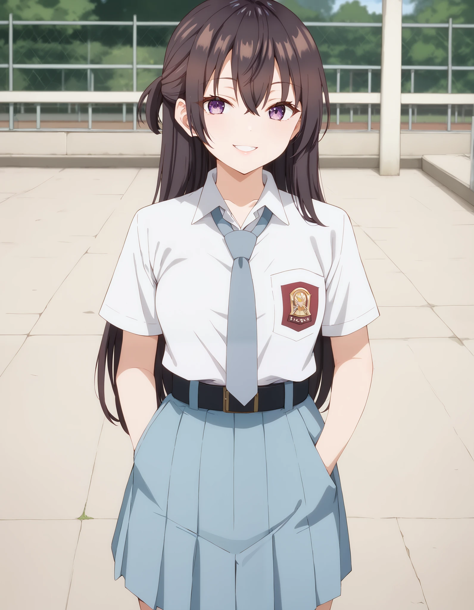 Masterpiece, hd, best quality, yukisuou, long hair, bangs, brown hair, black hair, hair between eyes, purple eyes, half updo , medium breasts,, Indonesia high school uniform, wearing white collared shirt, short sleeves, light blue skirt, pleated skirt, light blue neck tie, pocket, school logo on pocket, wearing black belt, outdoor,  smile,  standing, cowboy shot