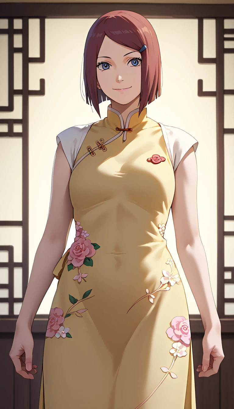 Kushina Uzumaki [うずまきクシナ] | Naruto Shippuden beautiful anime girl, detailed portrait, masterpiece, ultra-detailed, 8k, 16k, high resolution, photorealistic, vivid colors, warm lighting, soft smile, elegant (((((chinese dress,))))) short bob hairstyle