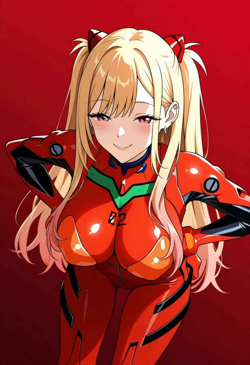 1girl, marin kitagawa, long hair, bangs, blonde hair, red eyes, multicolored hair, souryuu asuka langley \(cosplay\), bodysuit, pilot suit, plugsuit, red bodysuit, interface headset,,red background, smile, hands on hips,, cowboy shot, dutch angle, big breasts, egocentric smile, smile, evil smile,bent over, half closed eyes masterpiece, best quality, good quality, newest