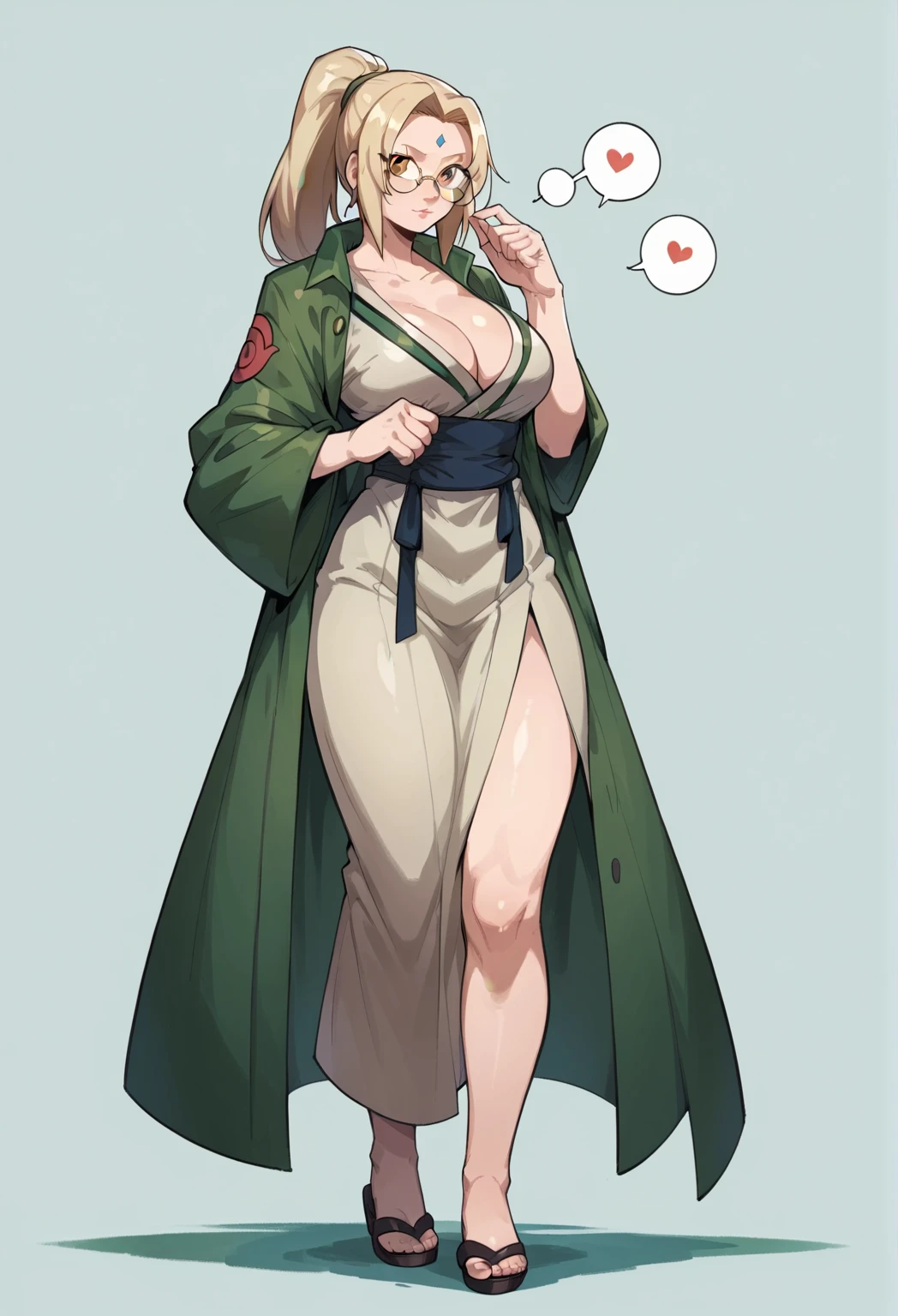 voluminous and sexy body,  big boobs,  round glasses,  hair tied in a ponytail, " Naruto , Tsunade"  thick legs ,  Long coat covering the hand ,,  full body  "in waist position "