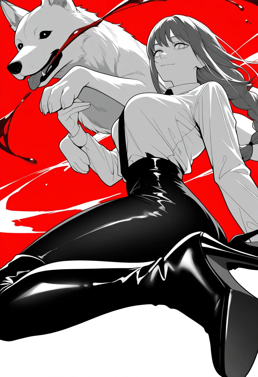 safe_pos, masterpiece, highres, absurdres, newest, very awa, white background, highly detailed, intricate, detailed clothes, perfect hands, detailed hands, monochrome, greyscale, manga, 1girl, makima/(chainsaw man), red hair, long hair, ringed eyes, shirt, black tie, black pants, tight pants, high heel boots, boots, latex boots, thighhigh boots, thigh boots, shiny footwear, holding dog in hand, lifting dog in air, happy, adoring dog, wariza, low angle, foreshortening, perspective, side view, from below, looking at viewer, blood splash red background, 