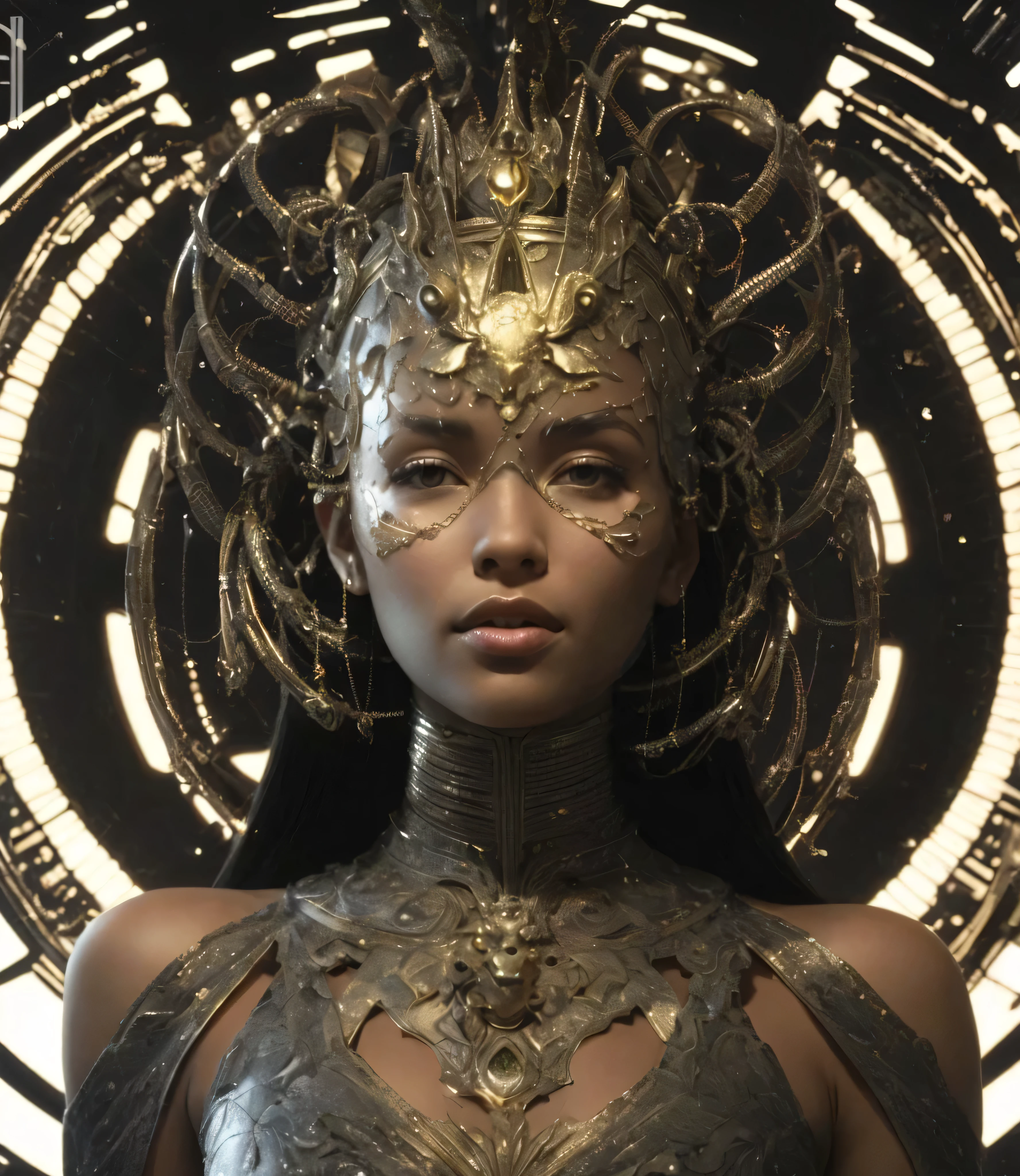 Ghotic woman afro cut with big bare breasts and piercing on the nipples of gold chains
