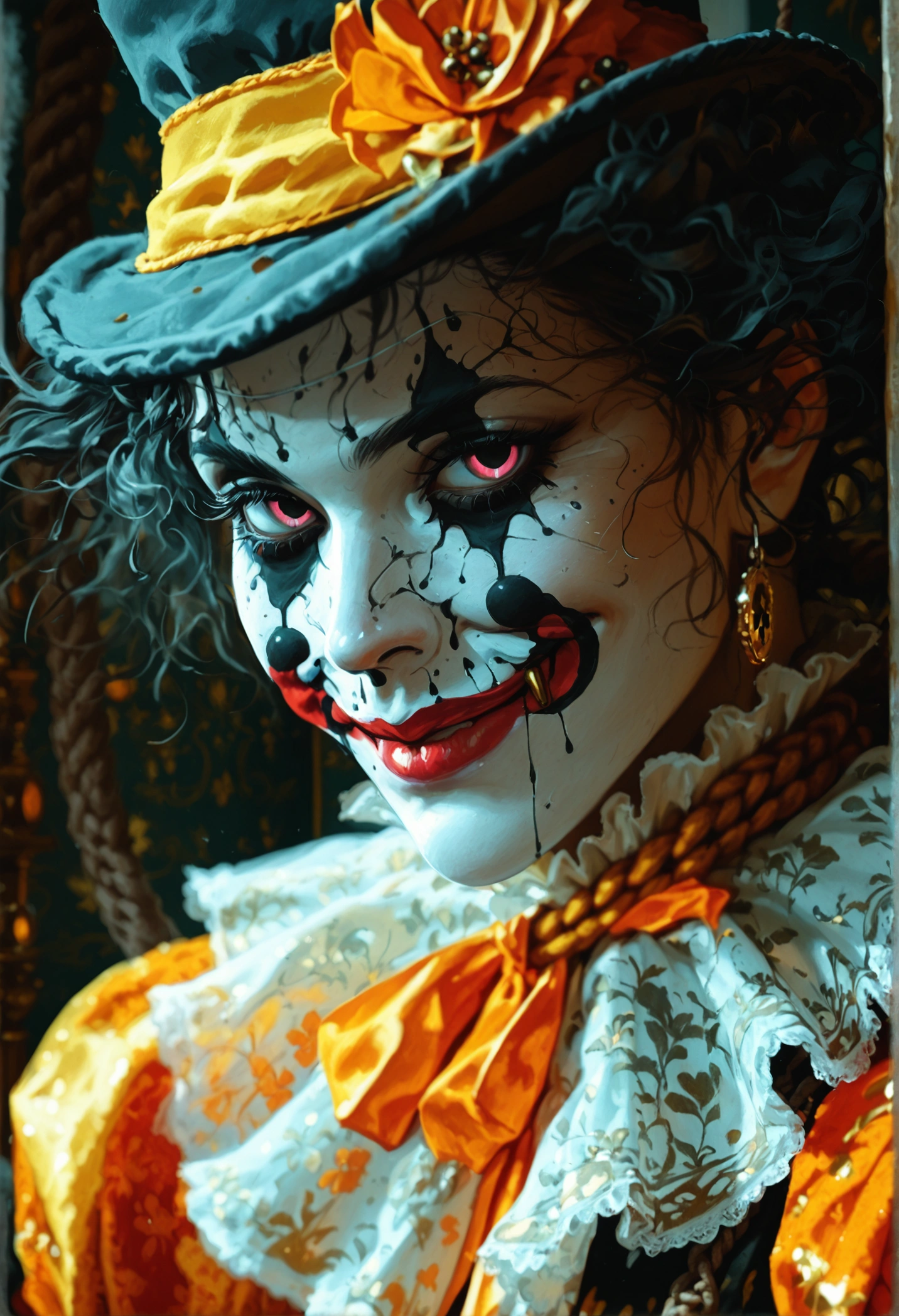 A creepy male clown wearing hat with text "Mulyono" holding a large scissor, a creepy female clown wearing hat with text "Mulyani" holding a noose. Creepy smirk, looking at the viewer with evil eyes. Award Winning, High Details, Masterpiece, Eye-Level Shot, Cinematic Lighting, Chiaroscuro, Depth Of Field, Photorealistic, Art Nouveau background.