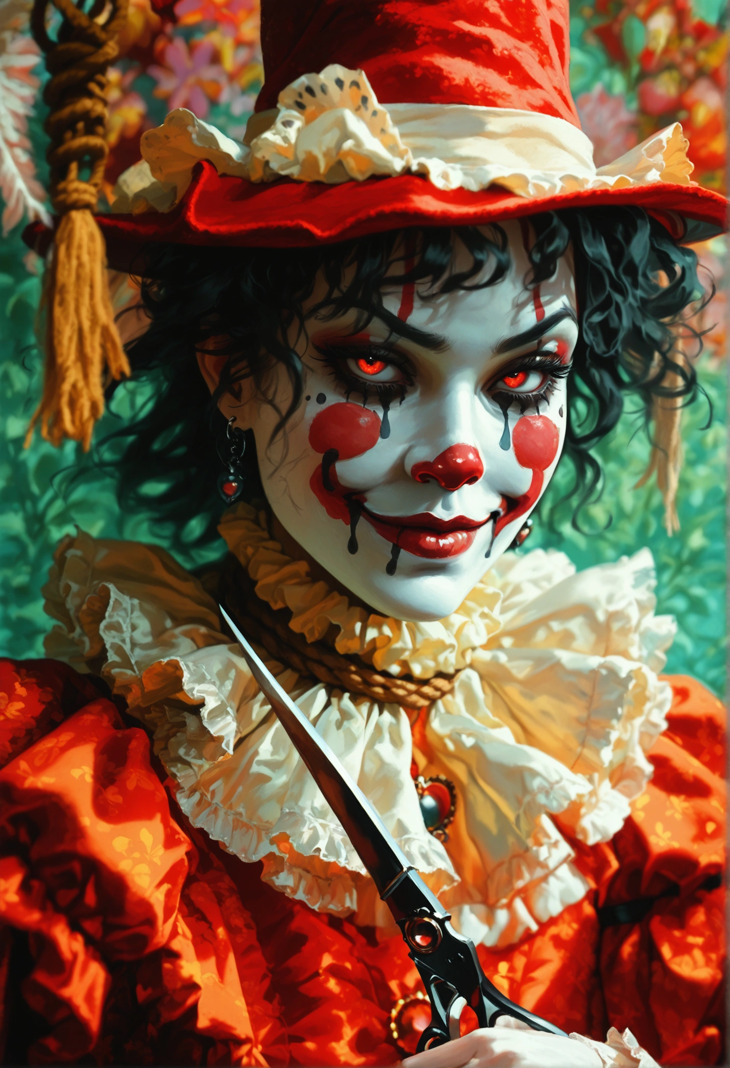 A creepy male clown wearing hat with text "Mulyono" holding a large scissor, a creepy female clown wearing hat with text "Mulyani" holding a noose. Creepy smirk, looking at the viewer with evil eyes. Award Winning, High Details, Masterpiece, Eye-Level Shot, Cinematic Lighting, Chiaroscuro, Depth Of Field, Photorealistic, Art Nouveau background.