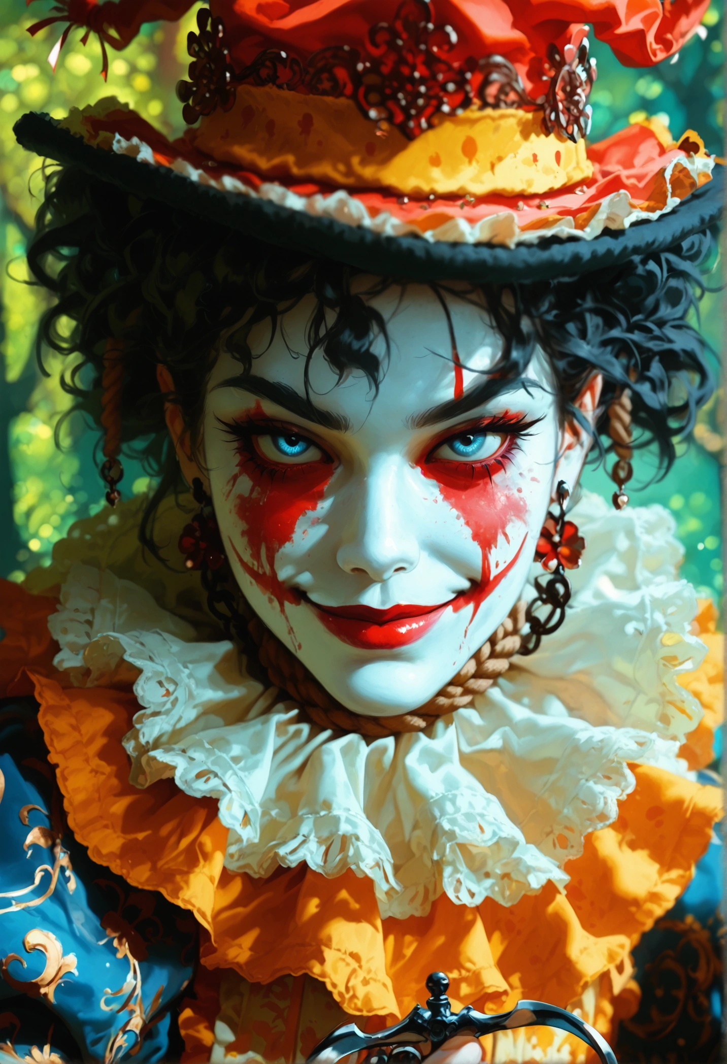 A creepy male clown wearing hat with text "Mulyono" holding a large scissor, a creepy female clown wearing hat with text "Mulyani" holding a noose. Creepy smirk, looking at the viewer with evil eyes. Award Winning, High Details, Masterpiece, Eye-Level Shot, Cinematic Lighting, Chiaroscuro, Depth Of Field, Photorealistic, Art Nouveau background.