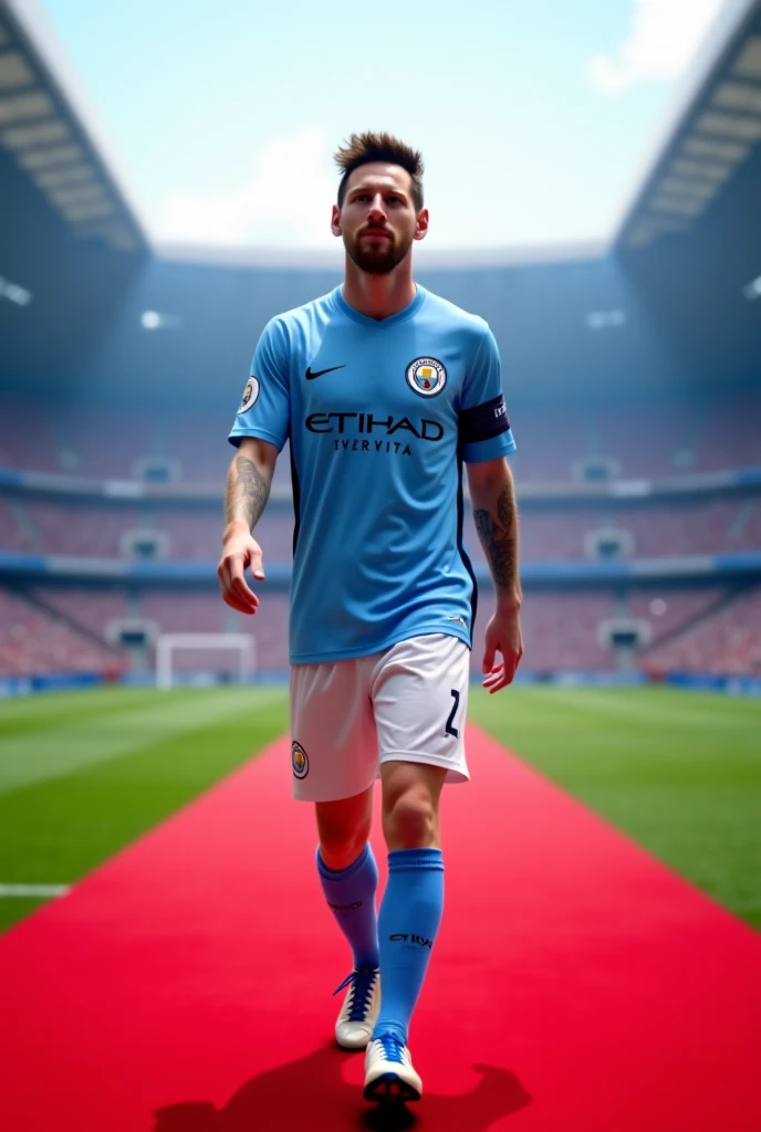 Manchester City, Light blue uniform、White shorts、Modern uniforms、Large crowd、Running on the field、Top image quality、Very high accuracy、biologically correct、Number 8、Height 170cm, Weight 65kg, skinny、1 male、Big Stadium、Professional Photos、Black Spiked Shoes、Knee Sliding、Black Hair Short Hair、Japan people's smiles