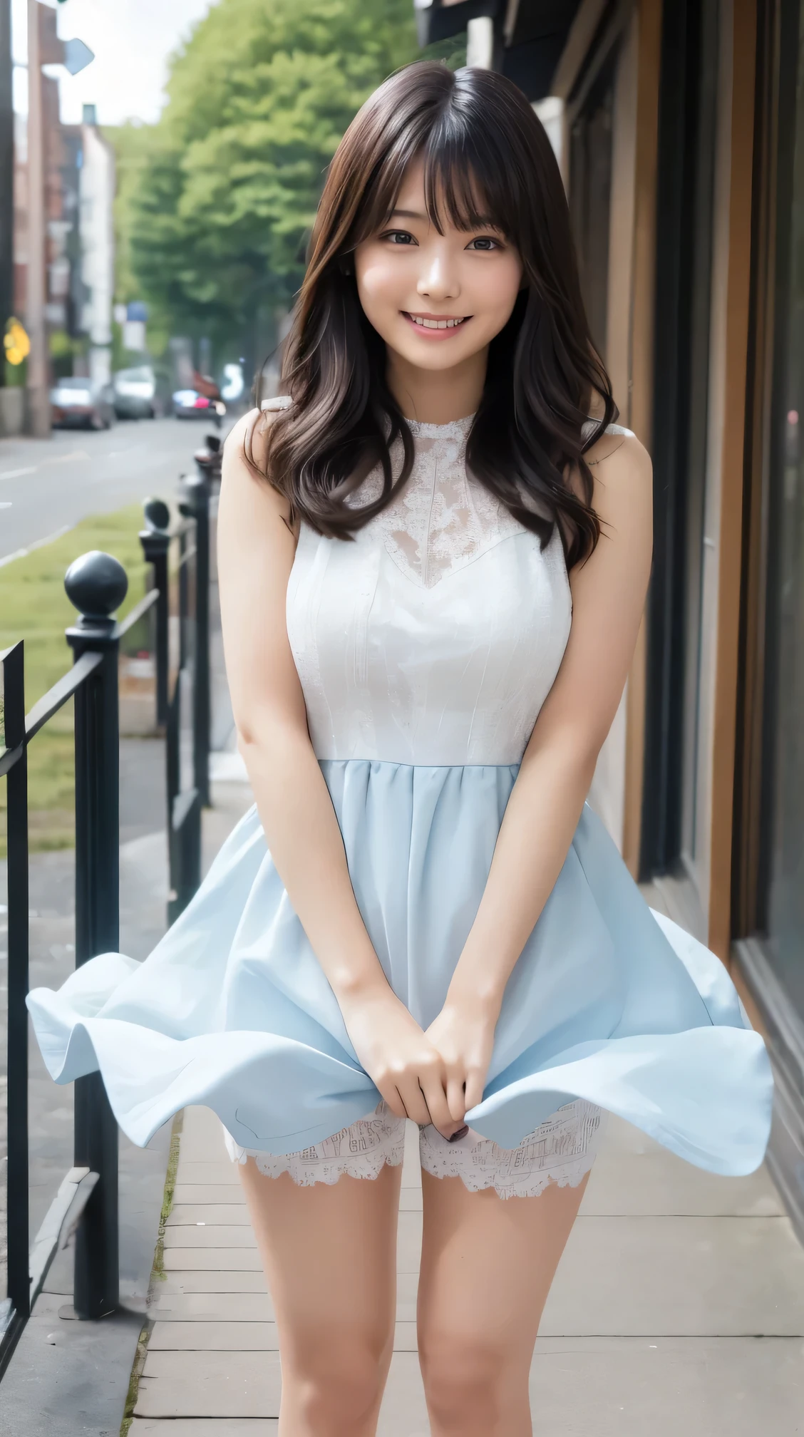 ( top quality , 8k, 32K, masterpiece, Super high resolution:1.2), beautiful Japanese woman photo ,( lonely smile ,:1.1), Watch Viewers ,( Beautifully detailed dress skirt :1.2),Detailed legs,( crosses legs:0.9),( lace panties:0.9),(Wind lift:1.6), full body,In the Wind ,city,Outdoor