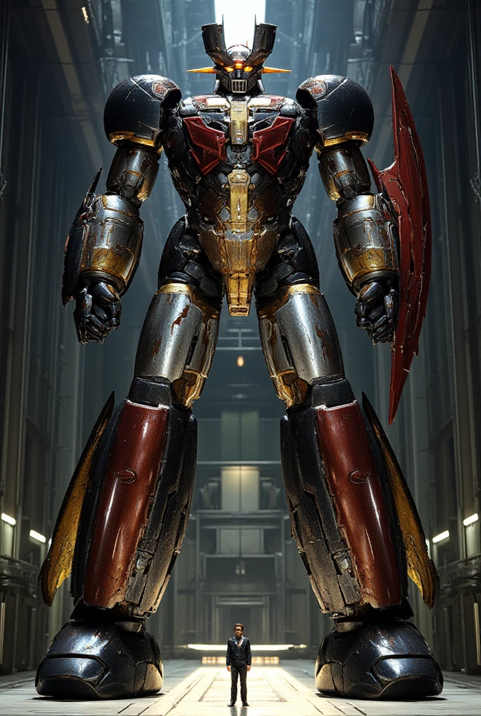  a highly realistic version of the modified Mazinger Z ,    is 100 meters tall and is leaning forward in a combat pose。 A very realistic smart version of Mazinger Z with the latest design and full body refinement, It stands at a massive height of 98 meters .steel,  just like the real thing , Rugged exterior . and is set in a large indoor plant facility maintenance shop ,  the appearance of Mazinger Z standing around ,  illuminated by natural light 、Realistic shadows and accentuated massive structures using Gundam technology .The floor emits fine LED light 