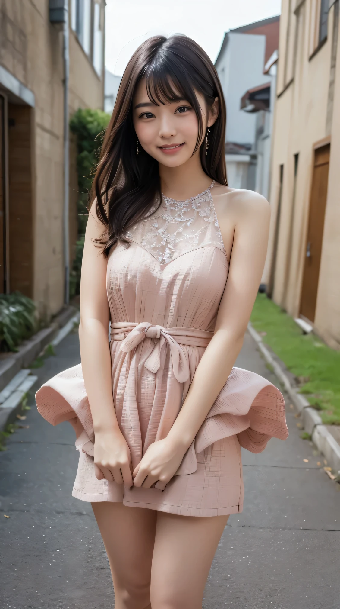 ( top quality , 8k, 32K, masterpiece, Super high resolution:1.2), beautiful Japanese woman photo ,( lonely smile ,:1.1), Watch Viewers ,( Beautifully detailed dress skirt :1.2),Detailed legs,( crosses legs:0.9),( lace panties:0.9),(Wind lift:1.6), full body,In the Wind ,city,Outdoor