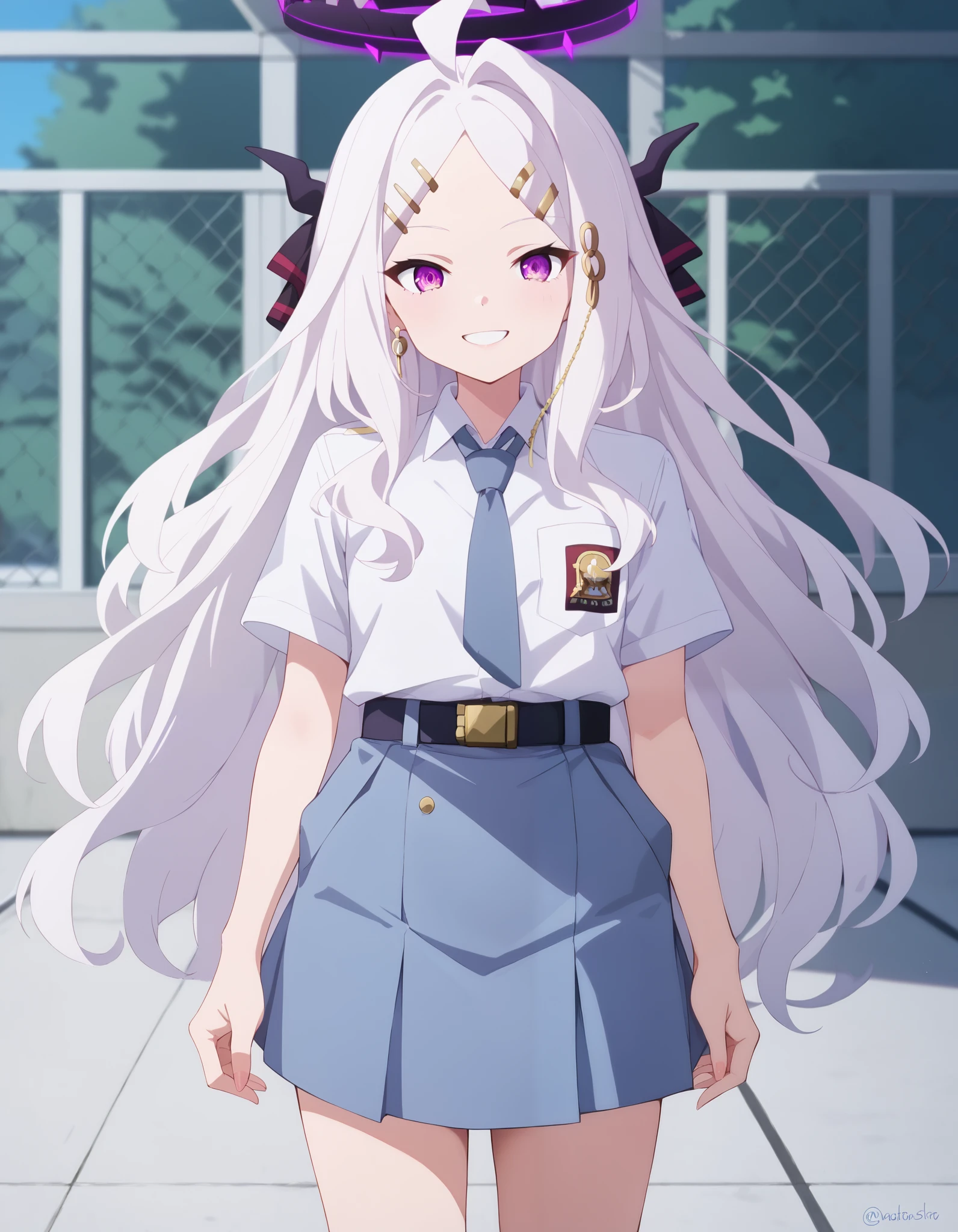 Masterpiece, hd, best quality, hina sorasaki, purple eyes, white hair, halo, ahoge, parted bangs, long hair, very long hair, smile, Indonesia high school uniform, wearing white collared shirt, short sleeves, light blue skirt, pleated skirt, light blue neck tie, pocket, school logo on pocket, wearing black belt, outdoor,  smile,  standing, cowboy shot