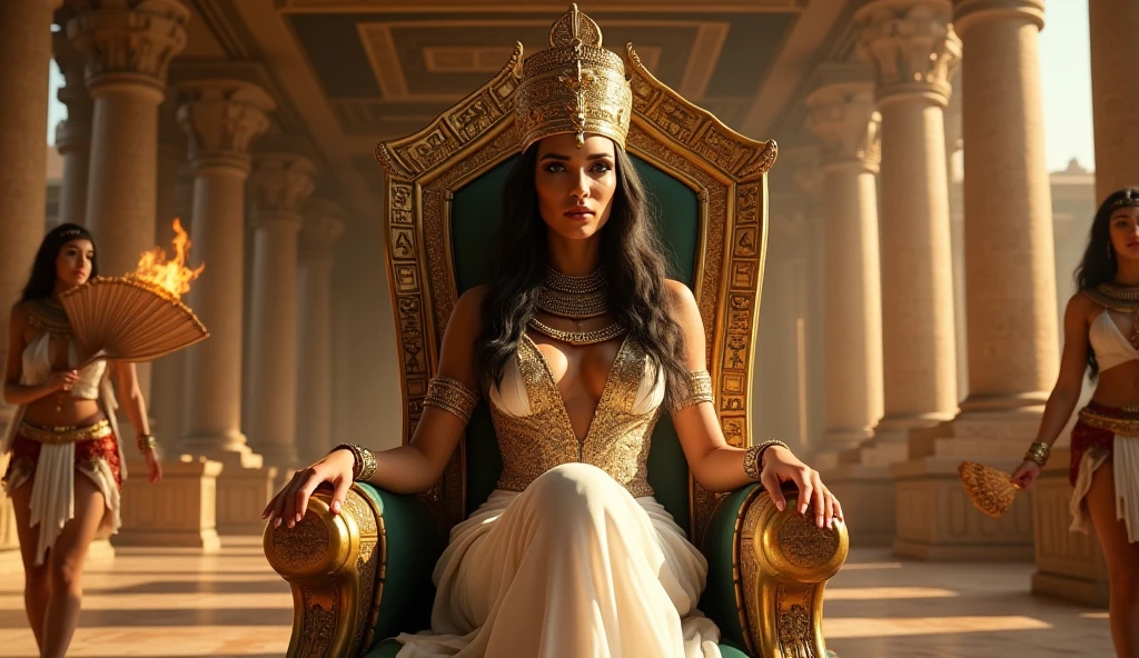 Create a stunning portrait of Queen ?????????, emphasizing its royalty and elegance. The scene is supposed to capture ????????? sitting on her golden throne, adorned with opulent Egyptian jewelry, including a golden crown encrusted with precious stones. Behind her, include a view of the Nile River with a stunning sunset, highlighting the grandeur of his empire. Utilize a rich color palette and meticulous details to reflect your majesty and power