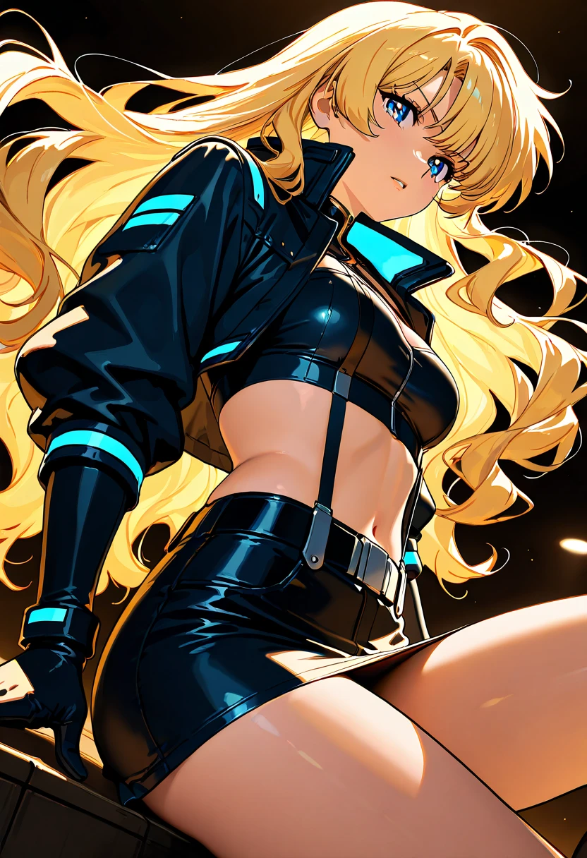 A highly detailed and high resolution image of a blonde haired beautiful sophisticated woman with puffy windblown long hair (1980s puffy wavy hair style); narrow eyes, haughty expression; drawn in "Golden Boy" anime style, drawn in 1990s Golden Boy anime style (Tatsuya Egawa style) beautiful and elegant, dressed in a cyberpunk outfit with a black coat, black low-cut cropped tube top, exposed decolletage, a belt, black miniskirt, white suspenders, black gloves; she has a serious look on her face; she is standing in a cyberpunk environment; BREAK: quality\(8k,wallpaper of extremely detailed CG unit, high resolution, top-quality, top-quality real texture skin, hyper realistic, increase the resolution, RAW photos, best quality, highly detailed, the wallpaper, golden ratio, high saturation realism, vibrant colors, dramatic lighting, persuasive storytelling, atmospheric scenery, captivating visuals, intricate details, strong emotions, dreamlike world\),(dynamic angle:1.4); front view