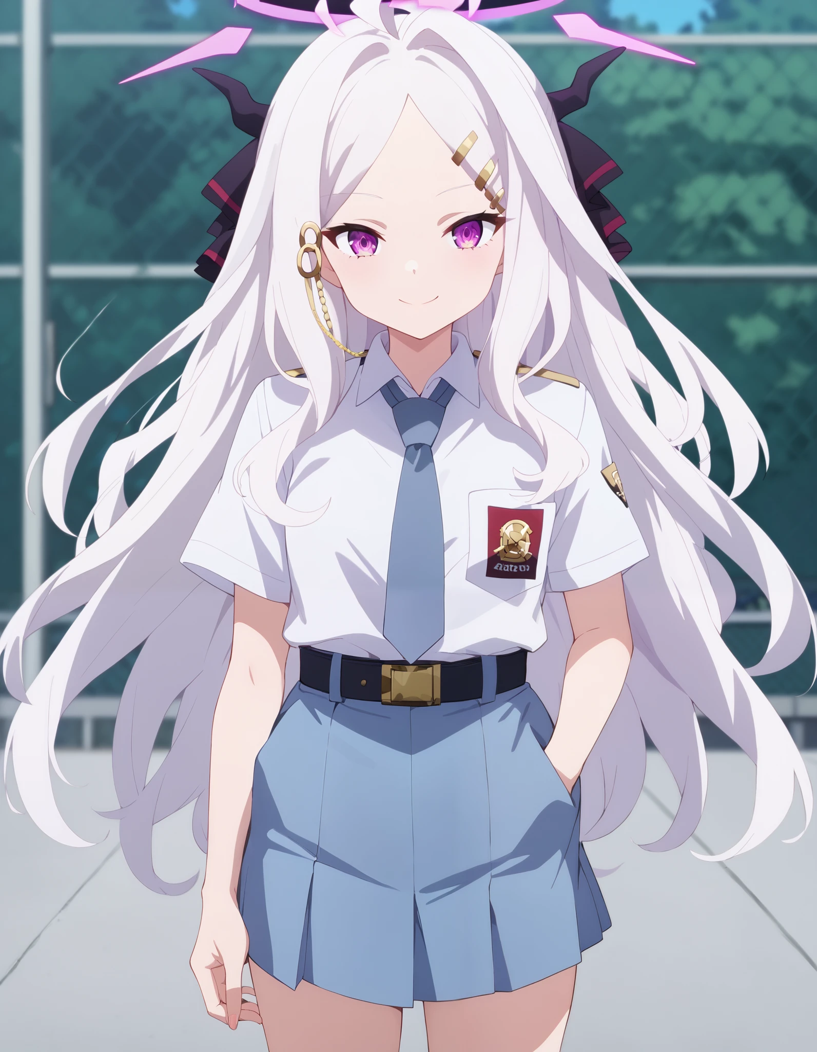 Masterpiece, hd, best quality, hina sorasaki, purple eyes, white hair, halo, ahoge, parted bangs, long hair, very long hair, smile, Indonesia high school uniform, wearing white collared shirt, short sleeves, light blue skirt, pleated skirt, light blue neck tie, pocket, school logo on pocket, wearing black belt, outdoor,  smile, closed mouth,  standing, cowboy shot